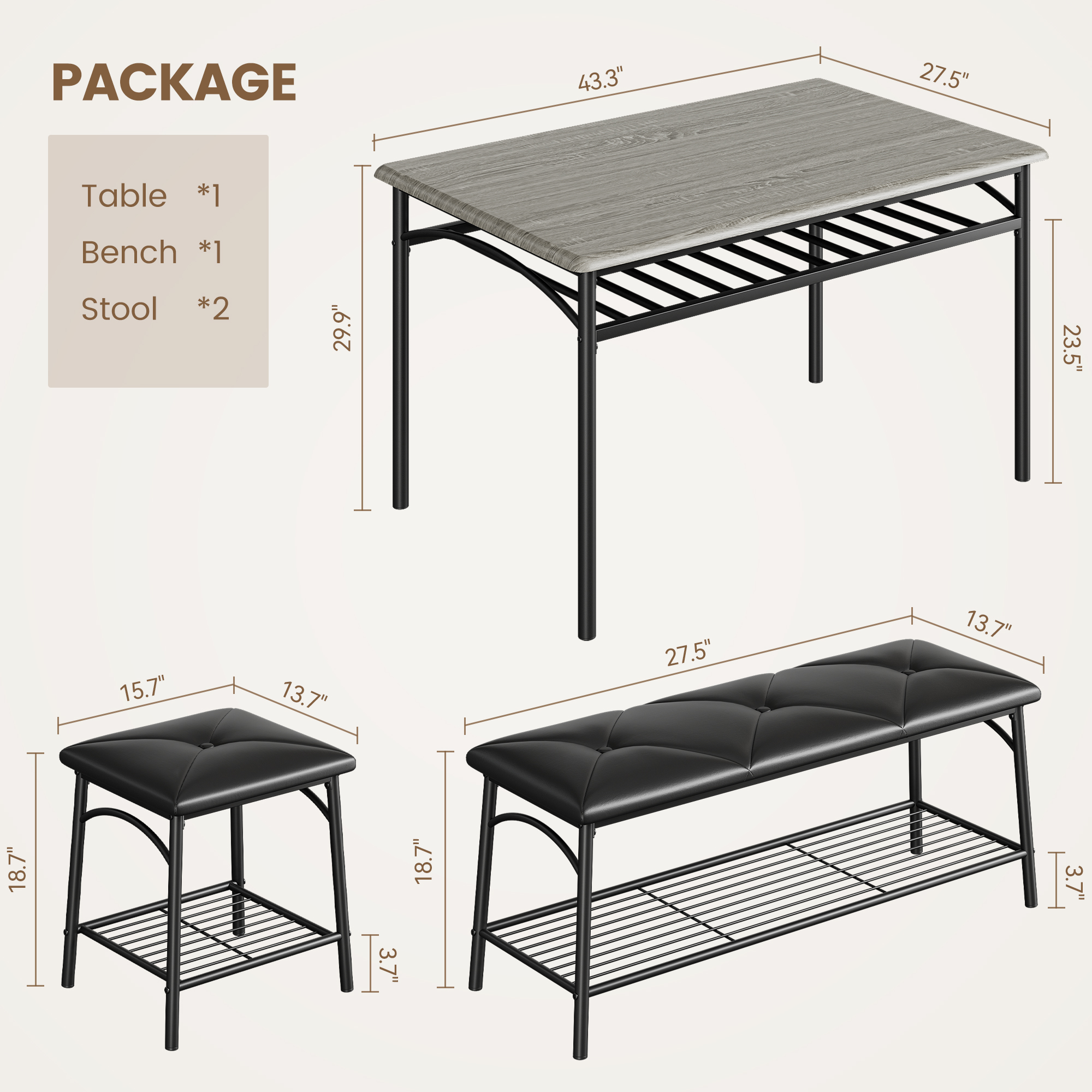 Garvee Kitchen Table Set for 4 with 1 Upholstered Bench & 2 Stools Metal Frame