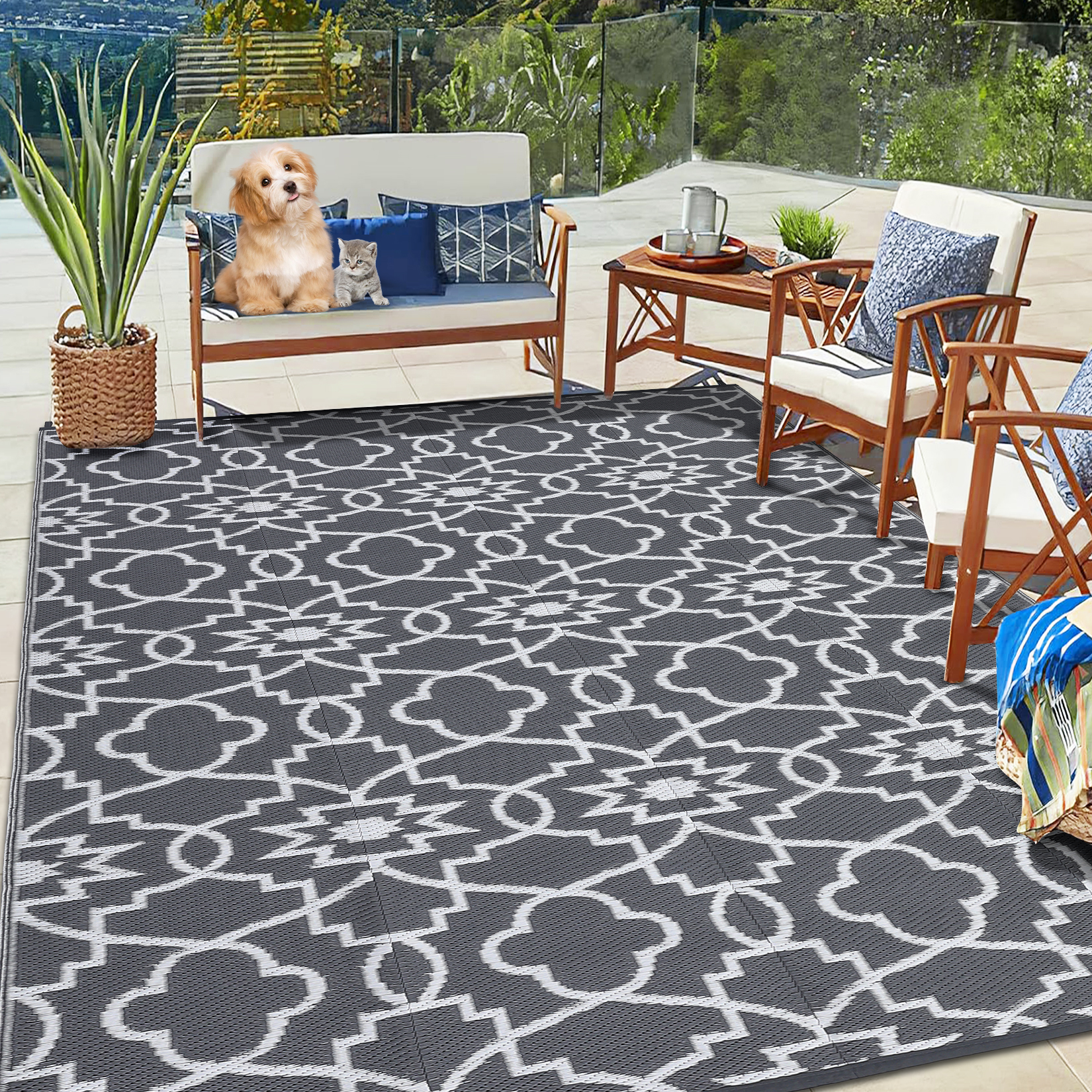 Outdoor Rugs Reversible Mats Boho Plastic Straw Rug for Patio Waterproof Camping - Picture 49 of 75
