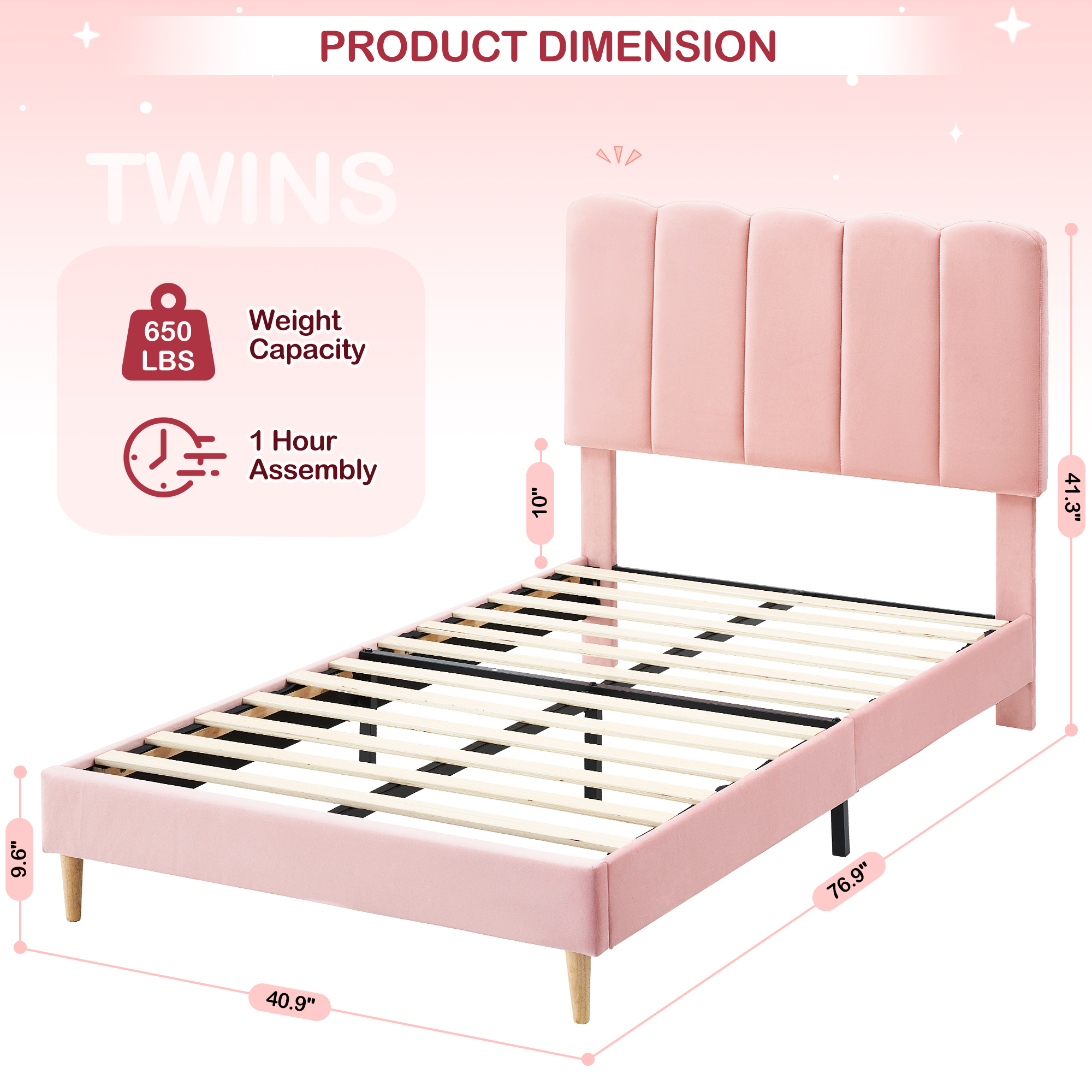 Kids Twin Size Platform Bed Frame Upholstered Bed Frame Wooded Slats Support