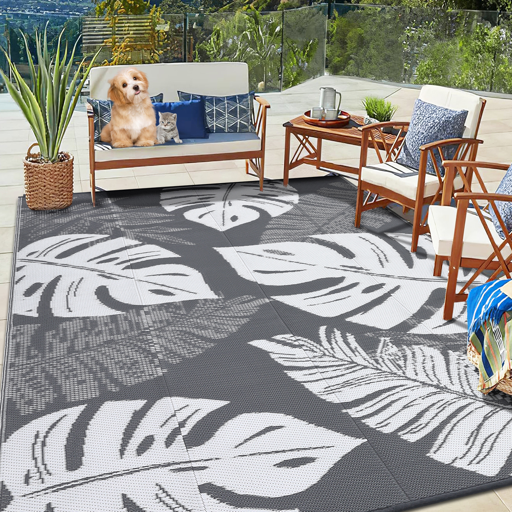 Outdoor Rug Patio Waterproof Reversible Plastic Straw Palm Leaf Patio RV Carpet - Picture 40 of 107
