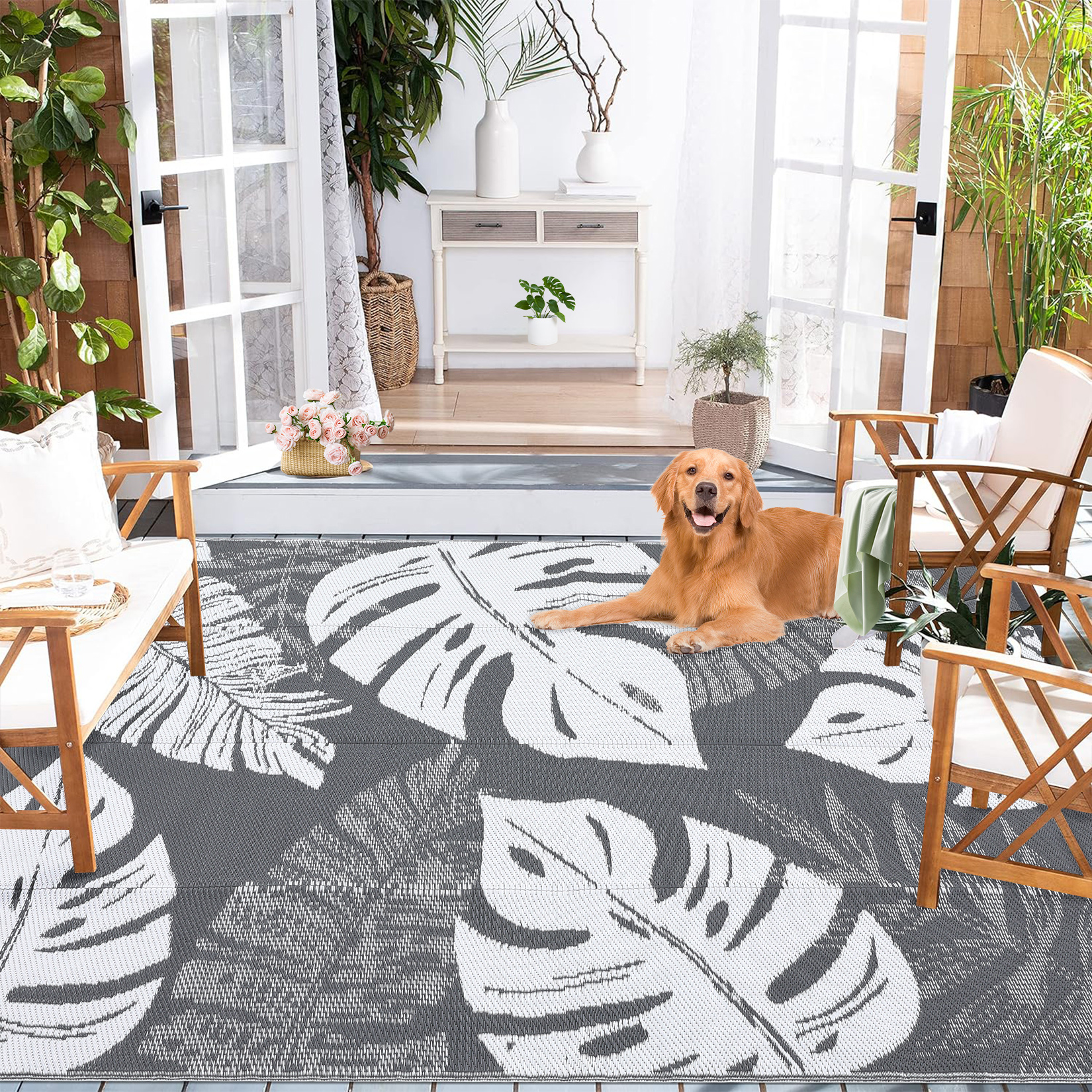 Outdoor Rug Patio Waterproof Reversible Plastic Straw Palm Leaf Patio RV Carpet - Picture 39 of 107