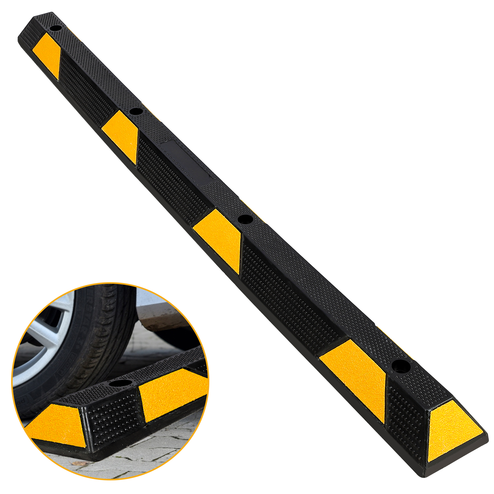 72 Inch Heavy Duty Rubber Parking Curb with Yellow Reflective Strips for Garage