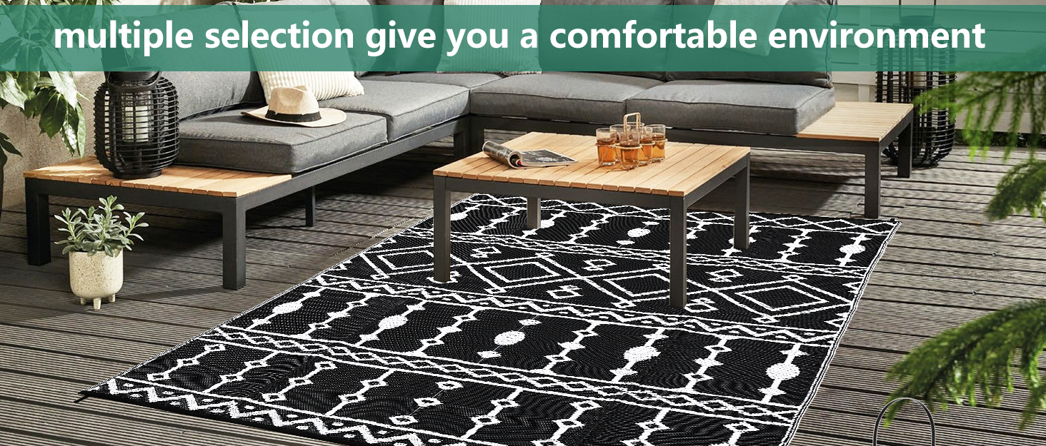 Garvee black and white outdoor rug for large patio seating area