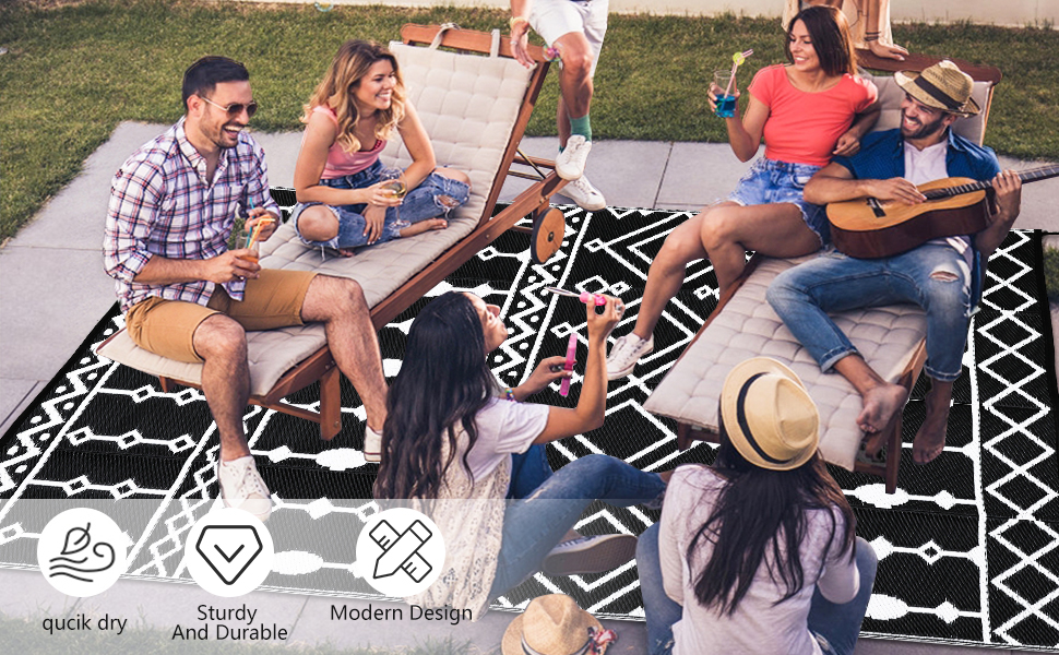 Garvee 9 x 18 black and white waterproof reversible outdoor patio rug for deck RV camping and backyard
