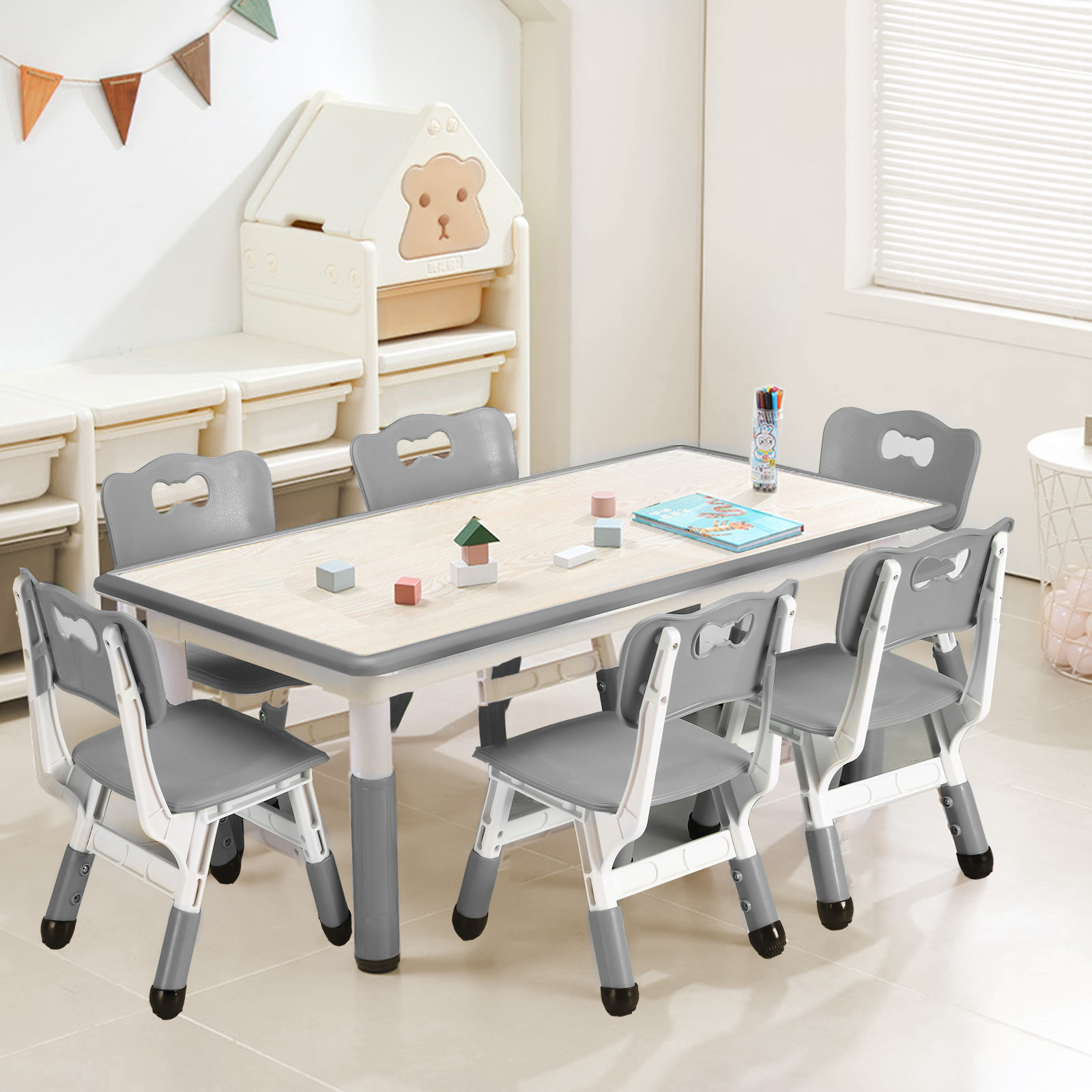 7Pcs Kids Table & 6 Chairs Set, Height Adjustable Graffiti Table for Preschool - Picture 13 of 13
