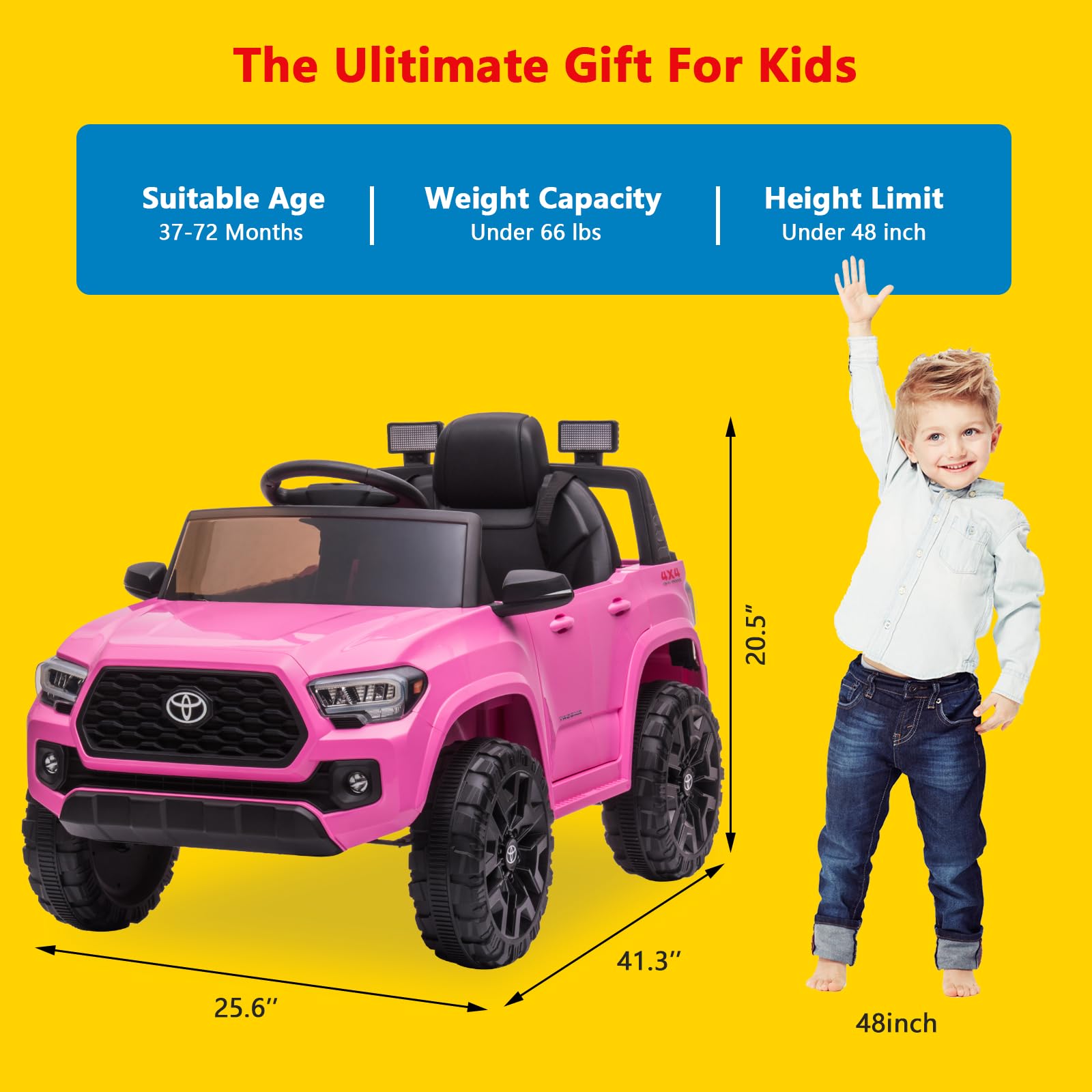 Niños divirtiéndose conduciendo la pickup eléctrica rosa Toyota