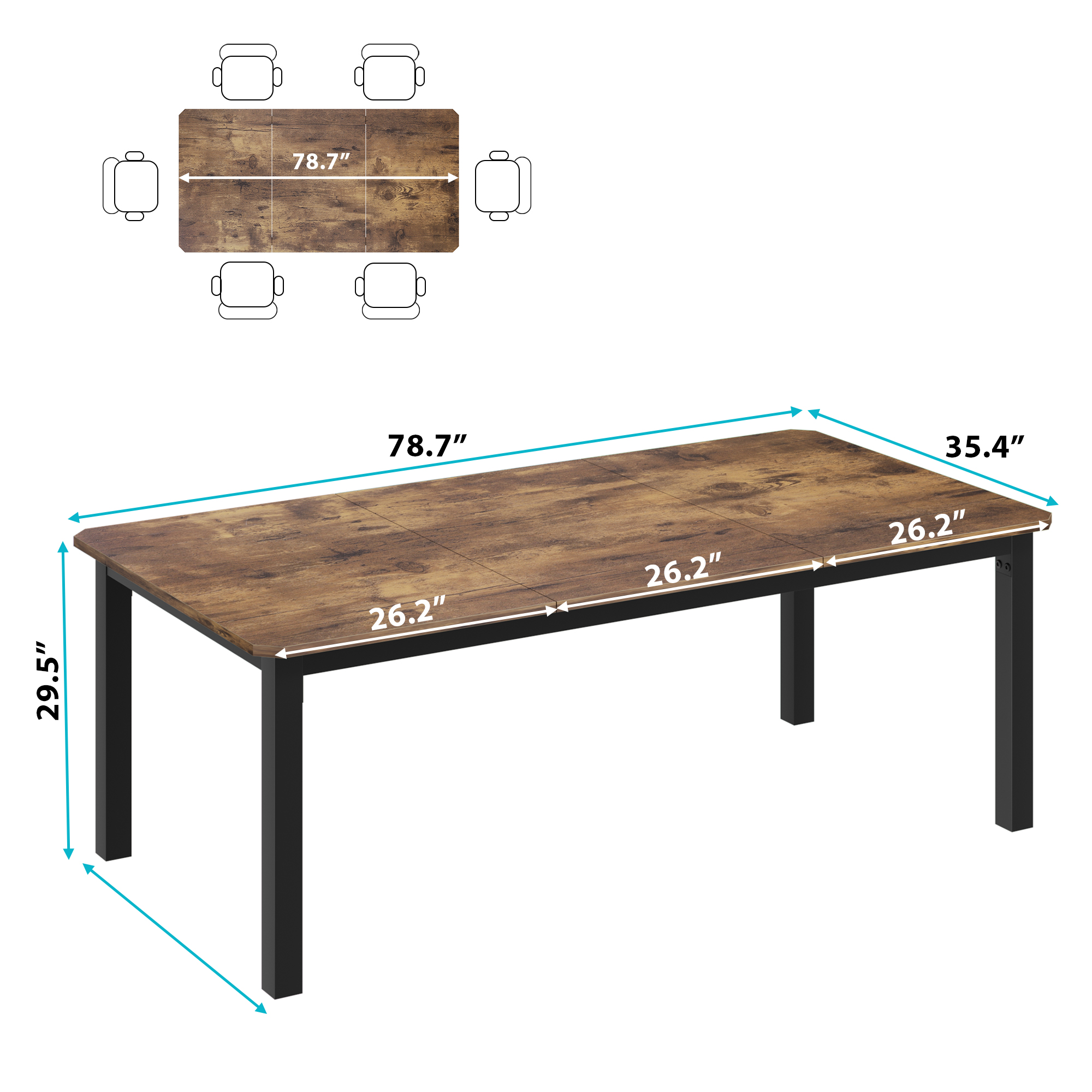 78.7" Dining Table for 6/8 People, Rustic Kitchen Rectangular Wood Dining Table - Picture 32 of 34
