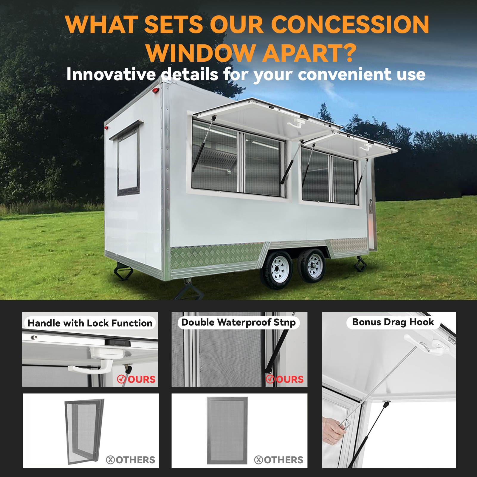 Aluminum Concession Food Truck Service Window w/ Sliding Screen Windows & Awning