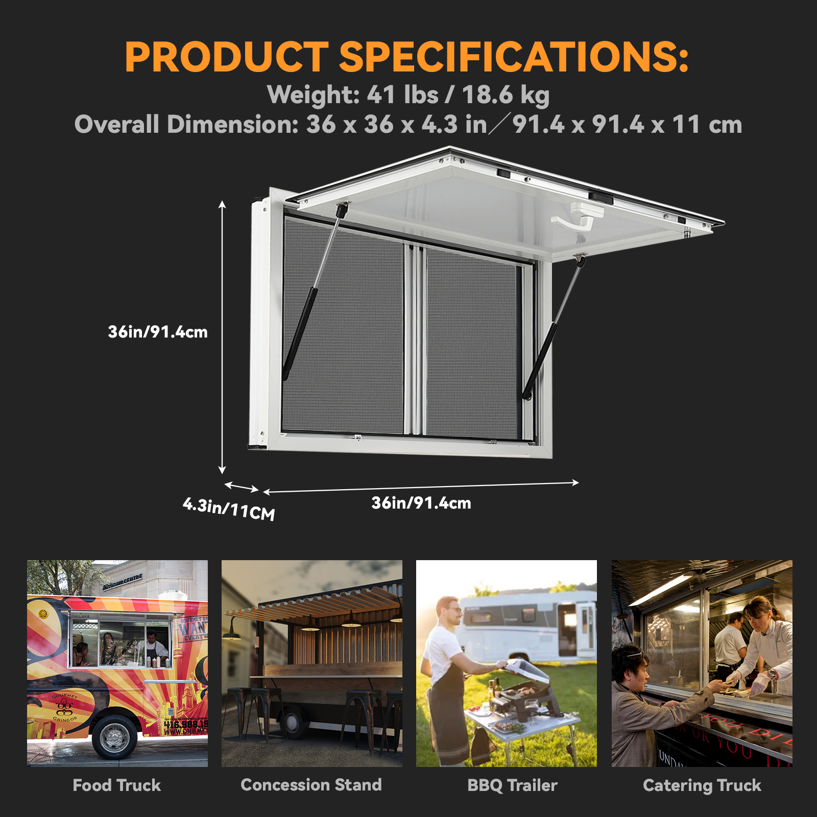 Aluminum Concession Food Truck Service Window w/ Sliding Screen Windows & Awning