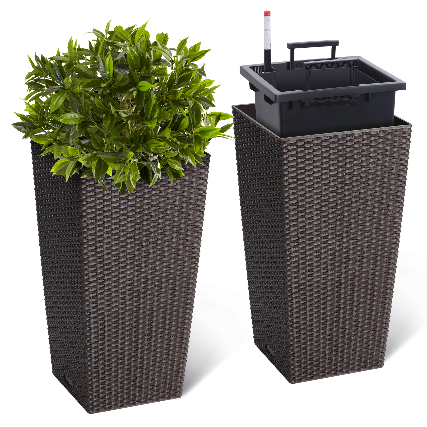 US 2PCS Tall Rattan Planter 16/22.5" Flower Pot Water Level Monitor Wheel Patio - Picture 17 of 50