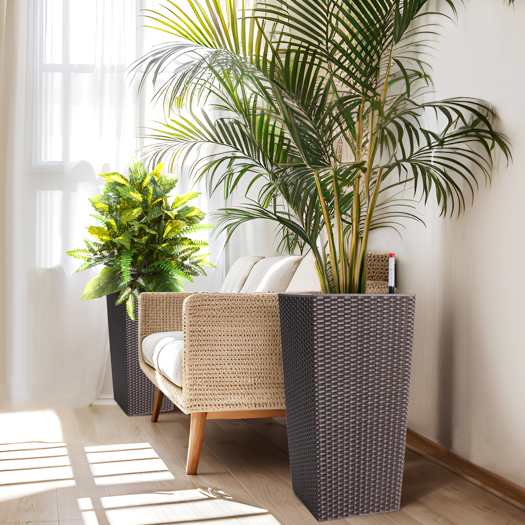 US 2PCS Tall Rattan Planter 16/22.5" Flower Pot Water Level Monitor Wheel Patio - Picture 22 of 50