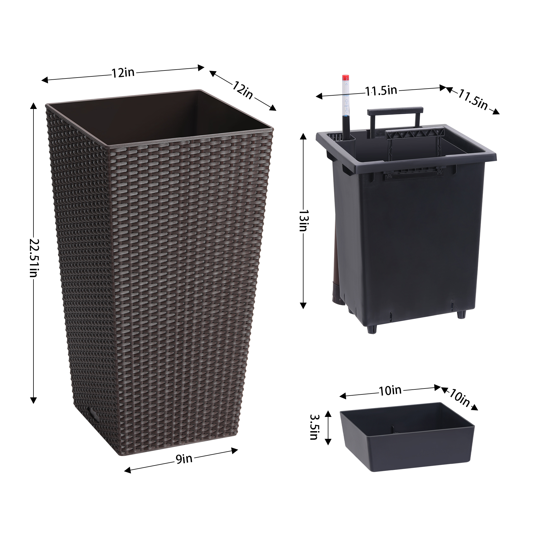 US 2PCS Tall Rattan Planter 16/22.5" Flower Pot Water Level Monitor Wheel Patio - Picture 21 of 50