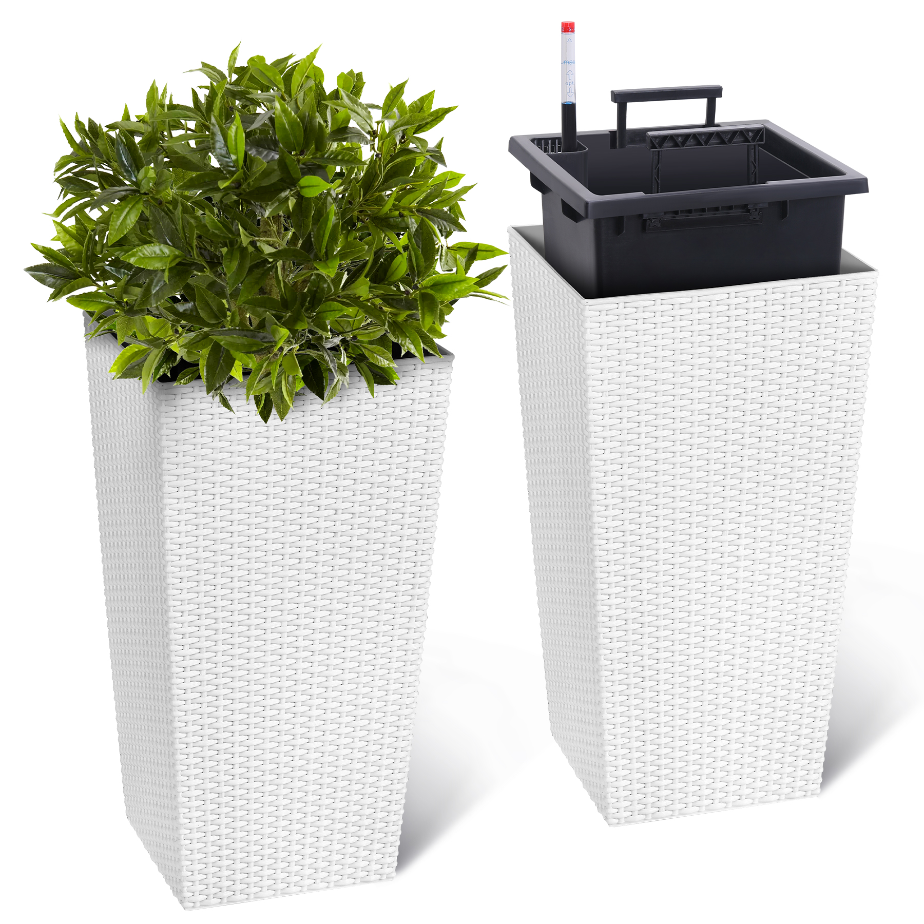 US 2PCS Tall Rattan Planter 16/22.5" Flower Pot Water Level Monitor Wheel Patio - Picture 10 of 50
