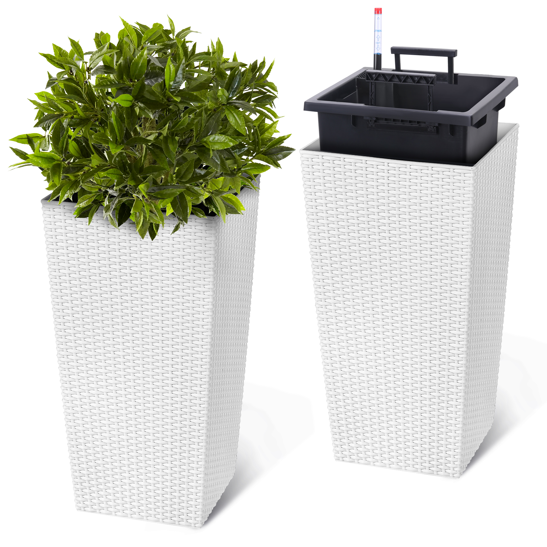 US 2PCS Tall Rattan Planter 16/22.5" Flower Pot Water Level Monitor Wheel Patio - Picture 27 of 50