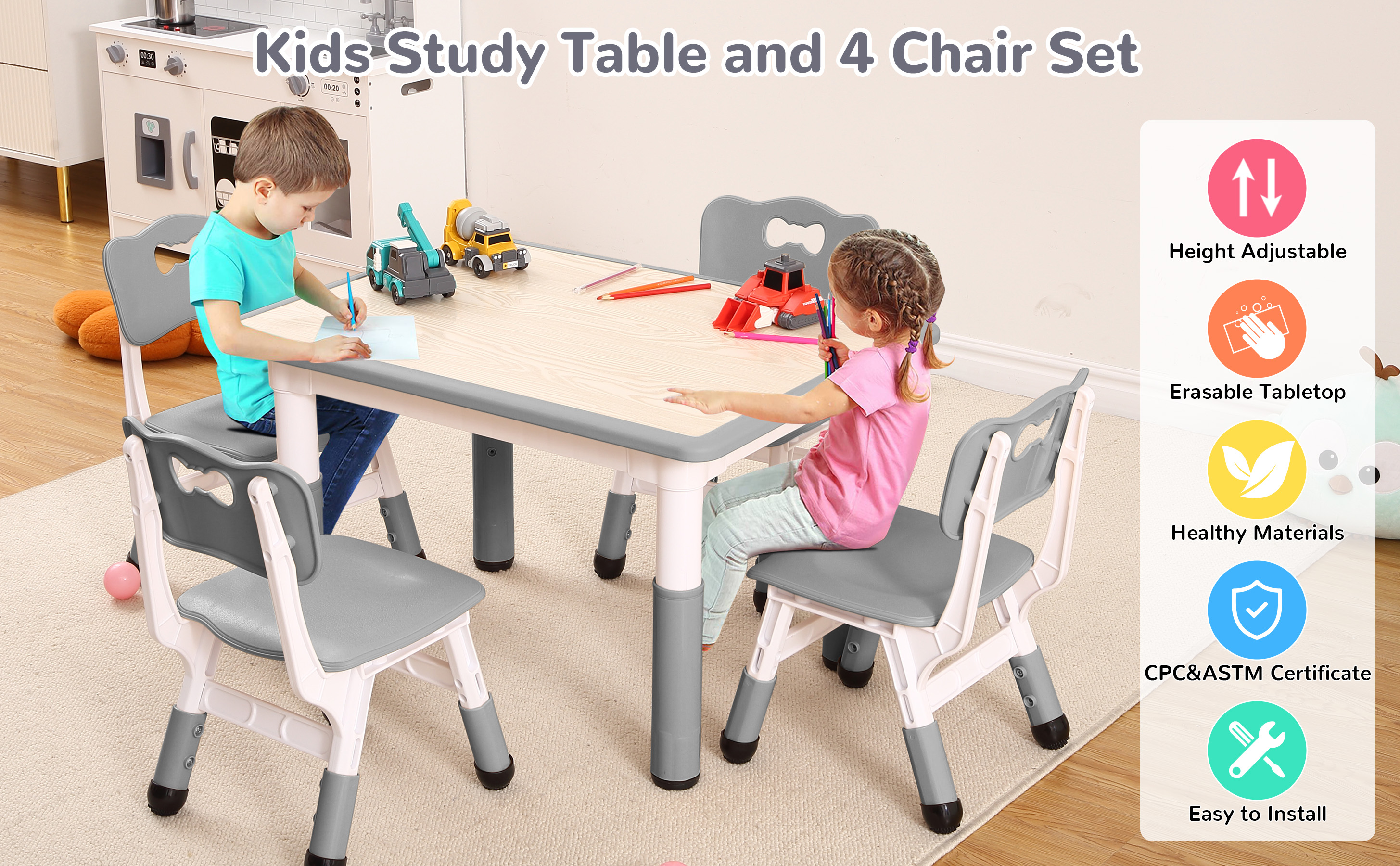Set infantil Garvee de mesa ajustable y 4 sillas en color gris con superficie borrable