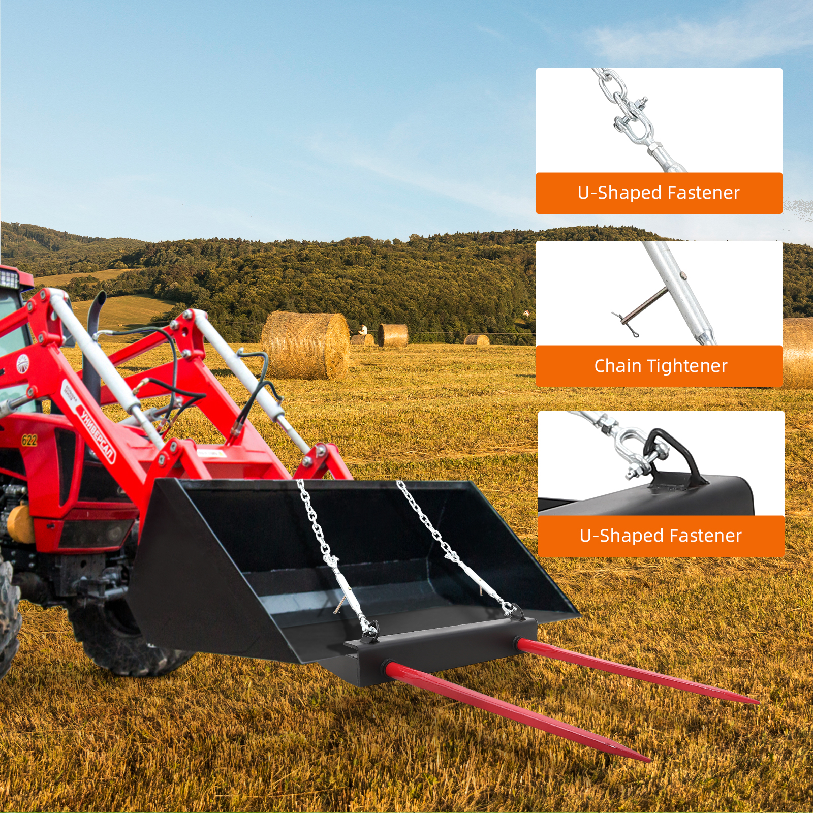 39/49" Hay Spear Bale Spear 4000lb Skid Steer Loader Tractor Bucket Quick Attach