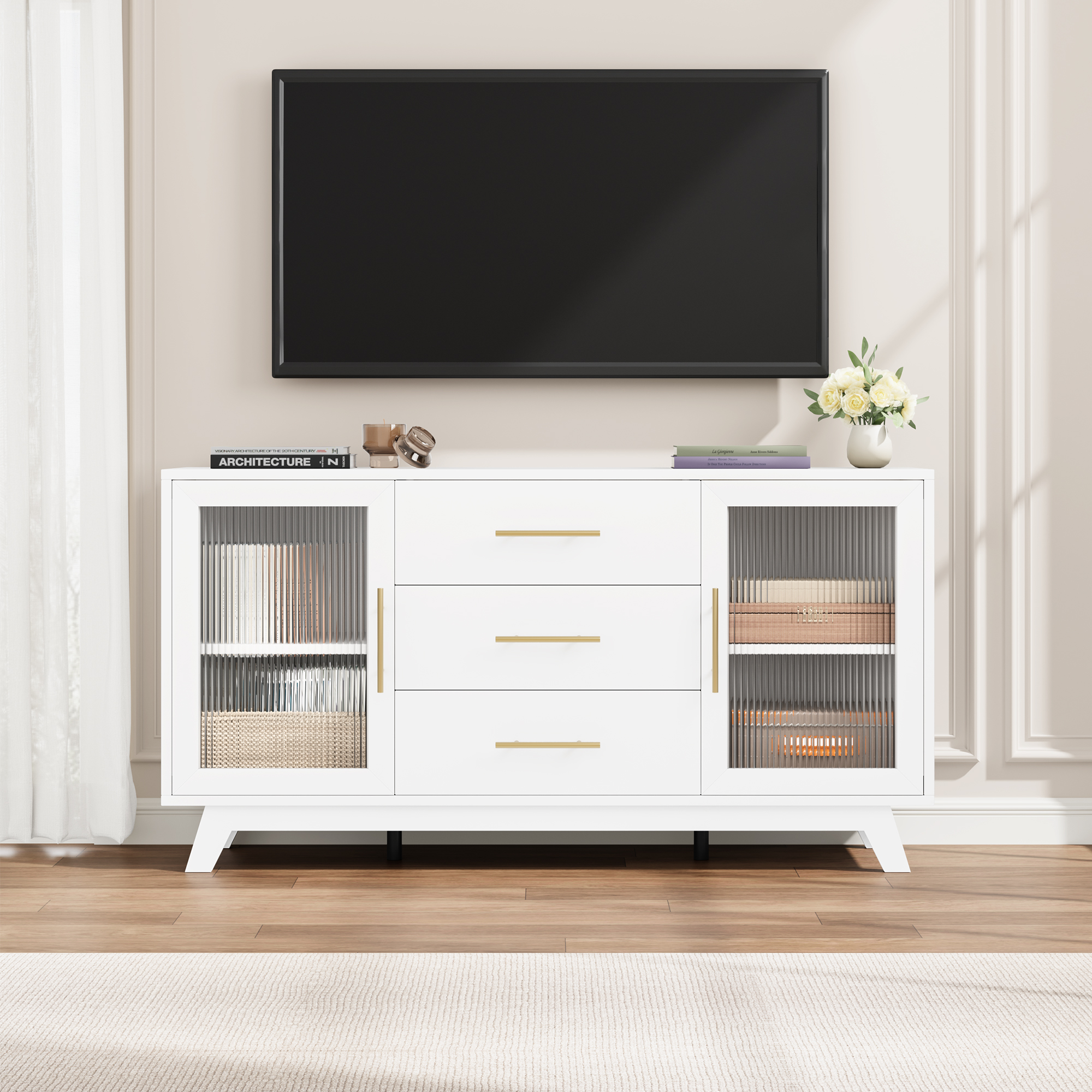 56" Sideboard Buffet Cabinet with Storage Drawer and Adjustable Shelf, White