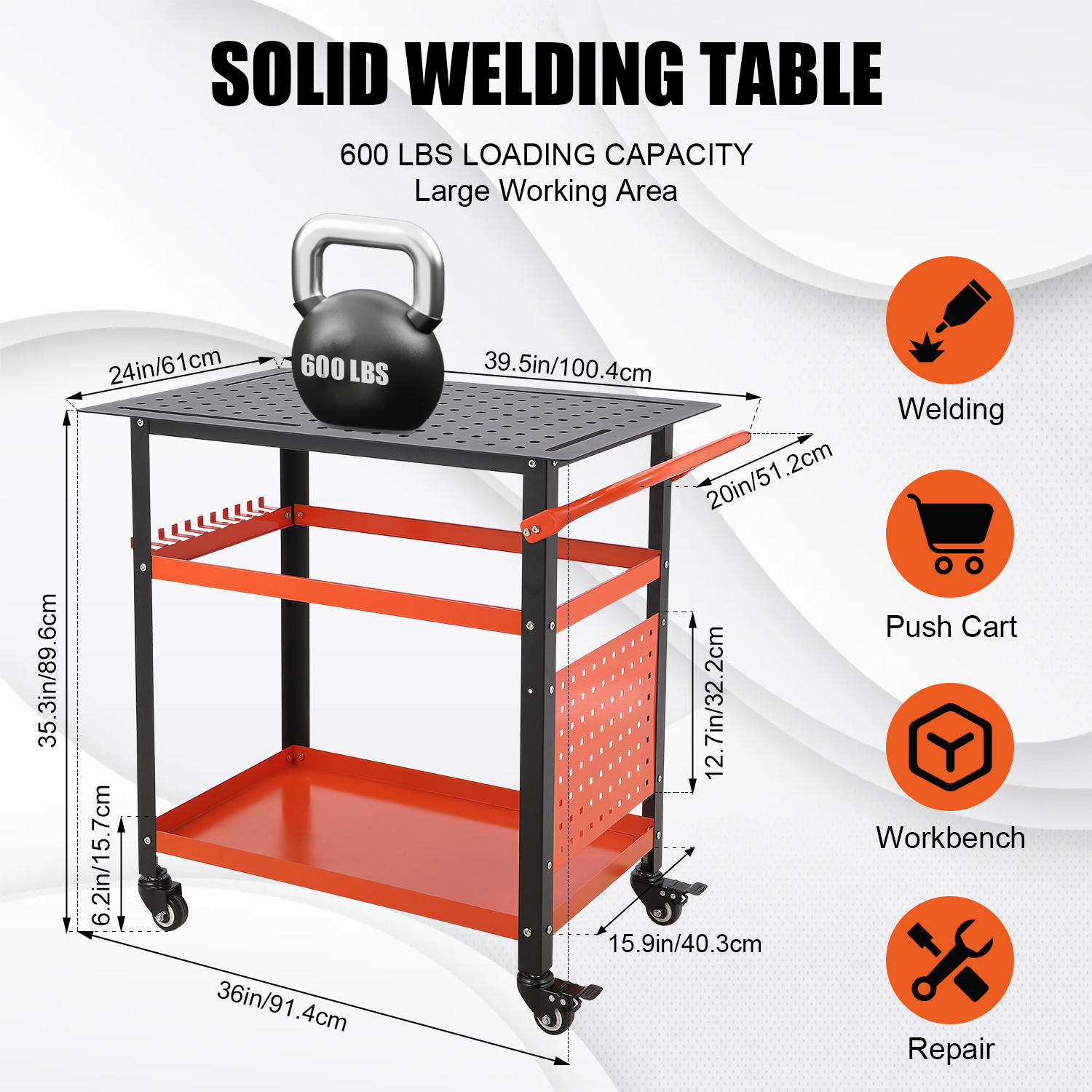 36X24" Portable Welding Table Workbench Wheels 5/8" Fixture Holes 2Layer Storage