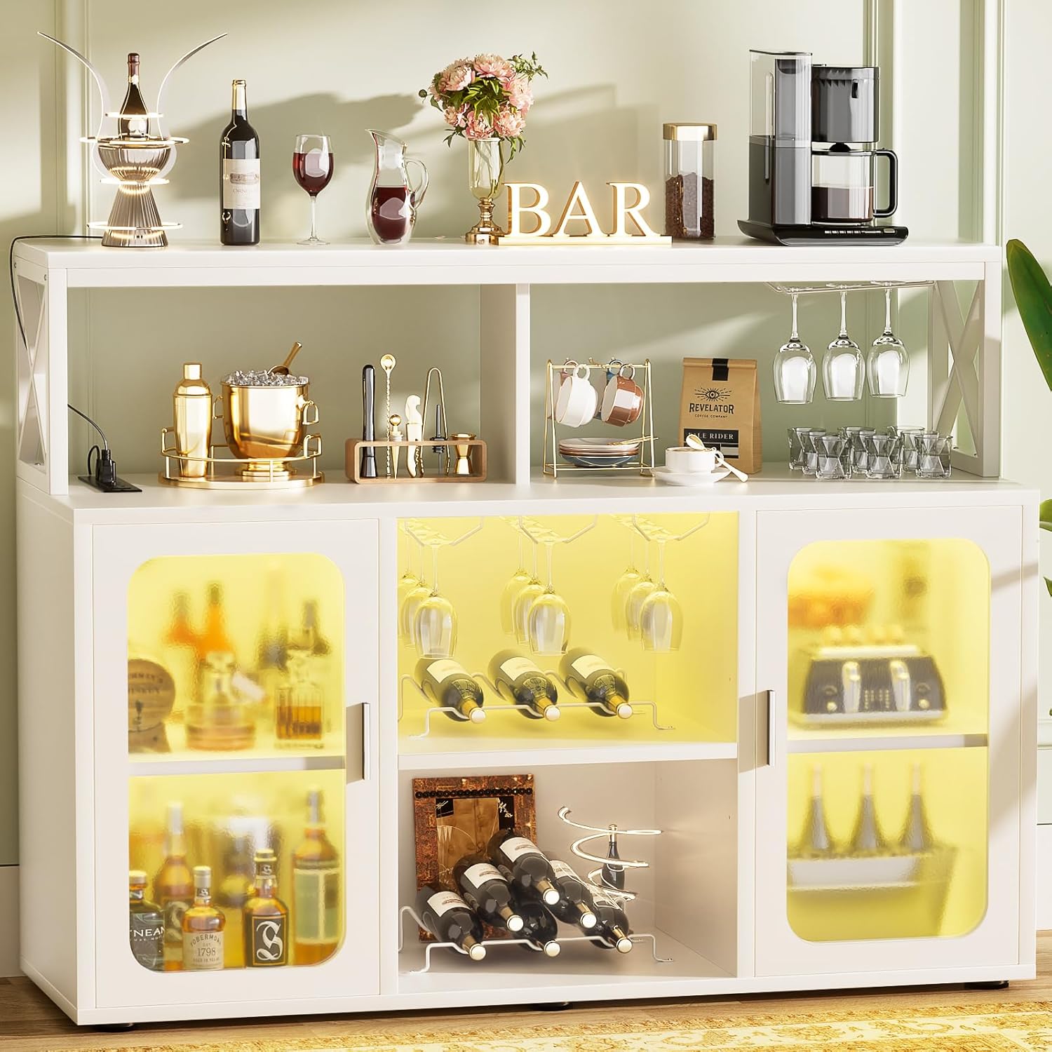 LED Modern Liquor Wine Bar Buffet Cabinet with Storage Shelves &Charging Station - Picture 12 of 15