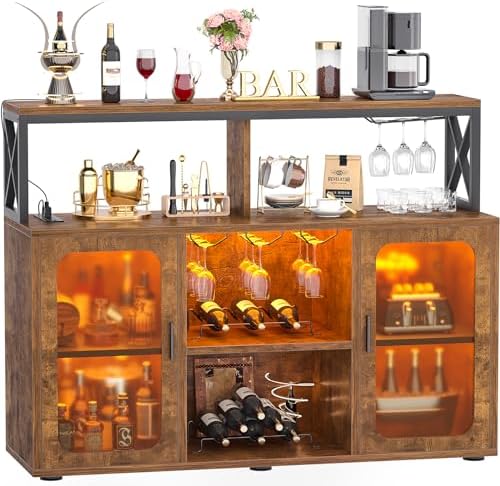 LED Modern Liquor Wine Bar Buffet Cabinet with Storage Shelves &Charging Station - Picture 13 of 15