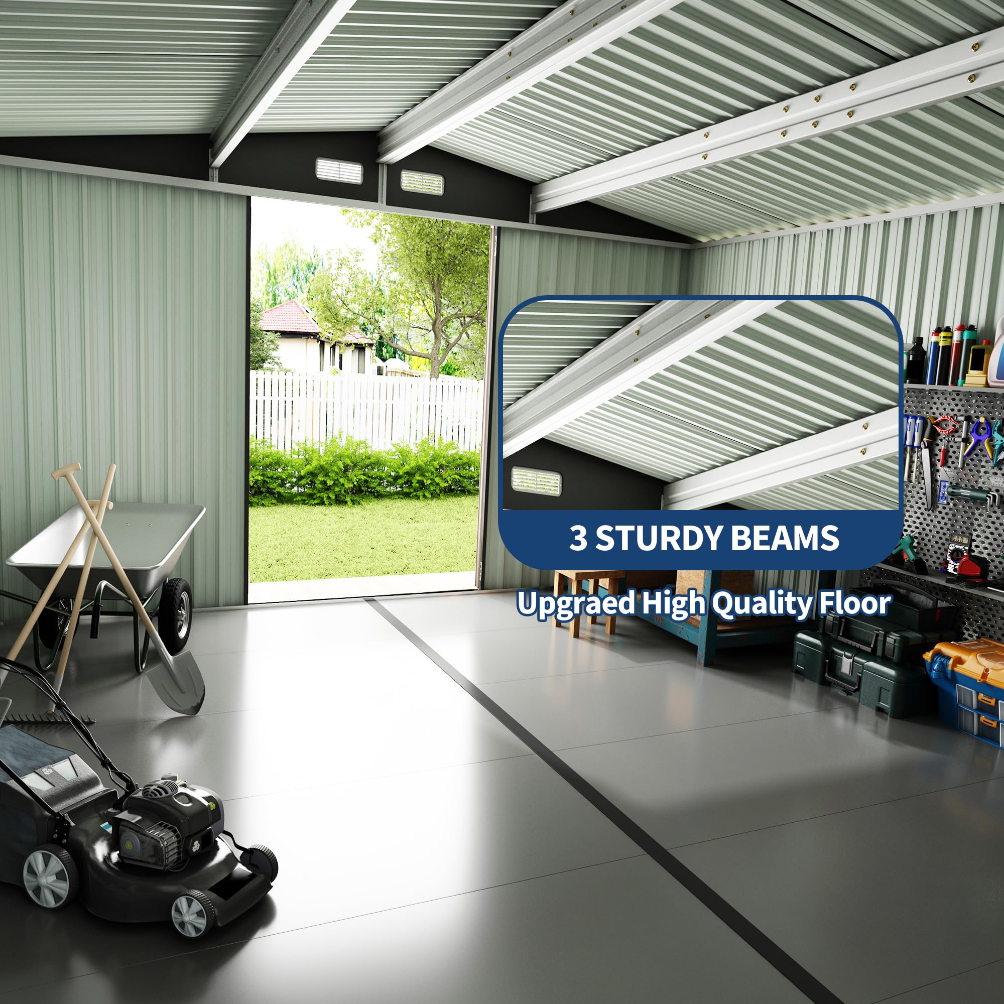 Large galvanized steel garden shed for tools and lawn equipment