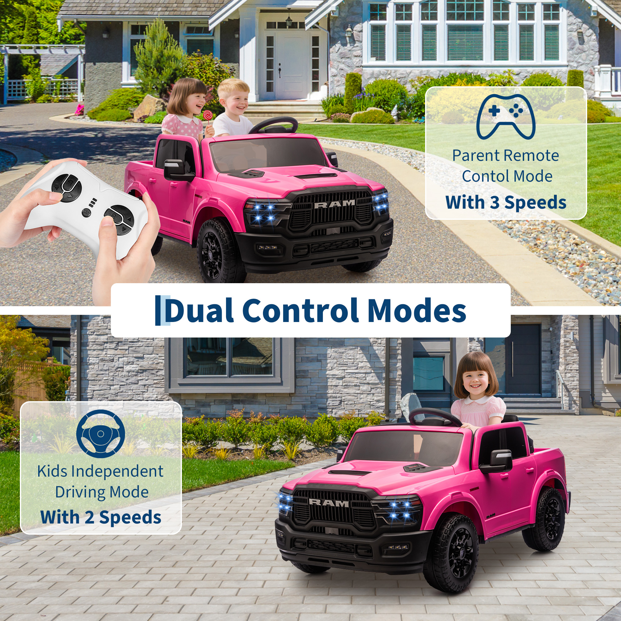 24V Licensed RAM 2500 2-Seater 4WD Ride On Truck Remote Bluetooth LED Suspension