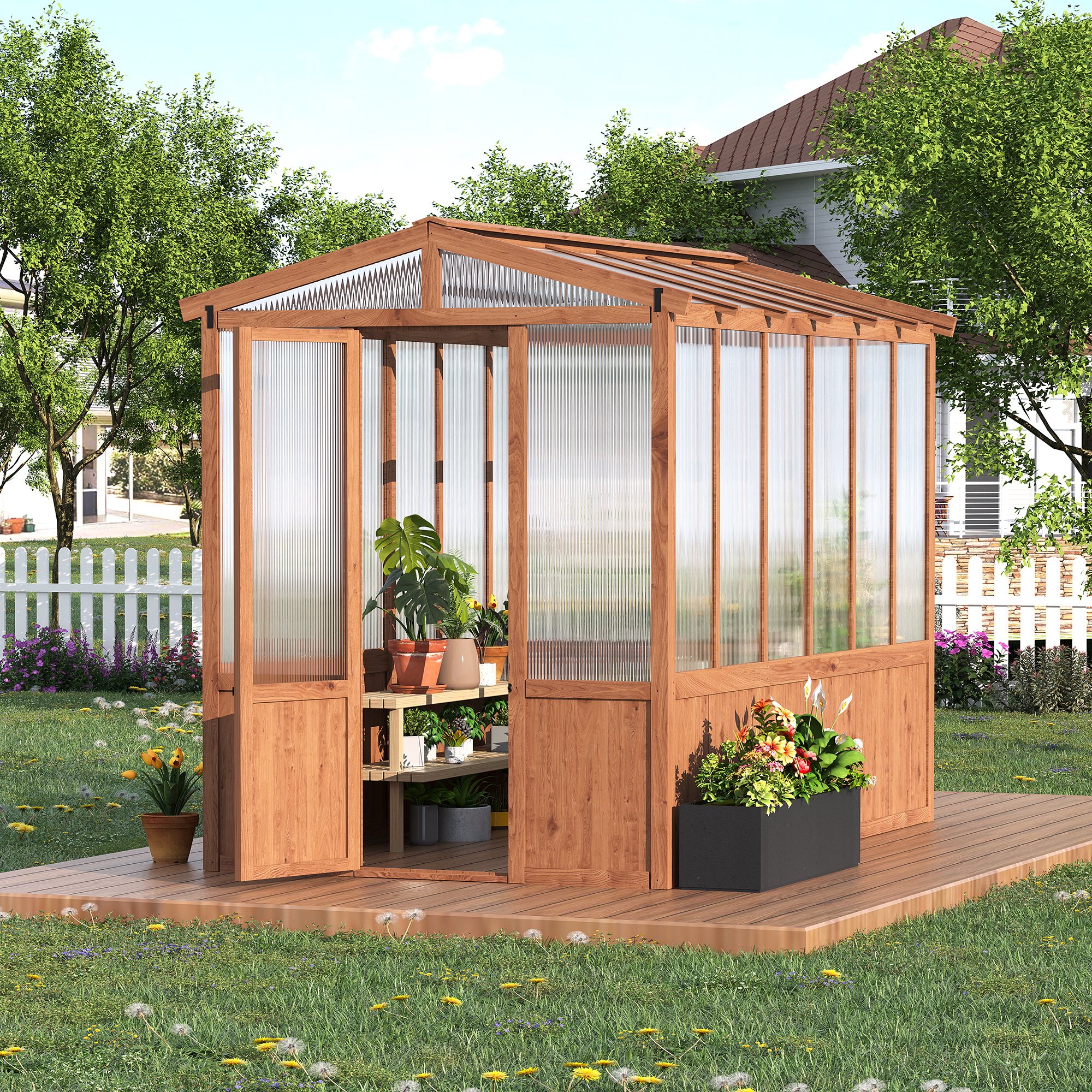 Wood greenhouse with multi-layer polycarbonate panels