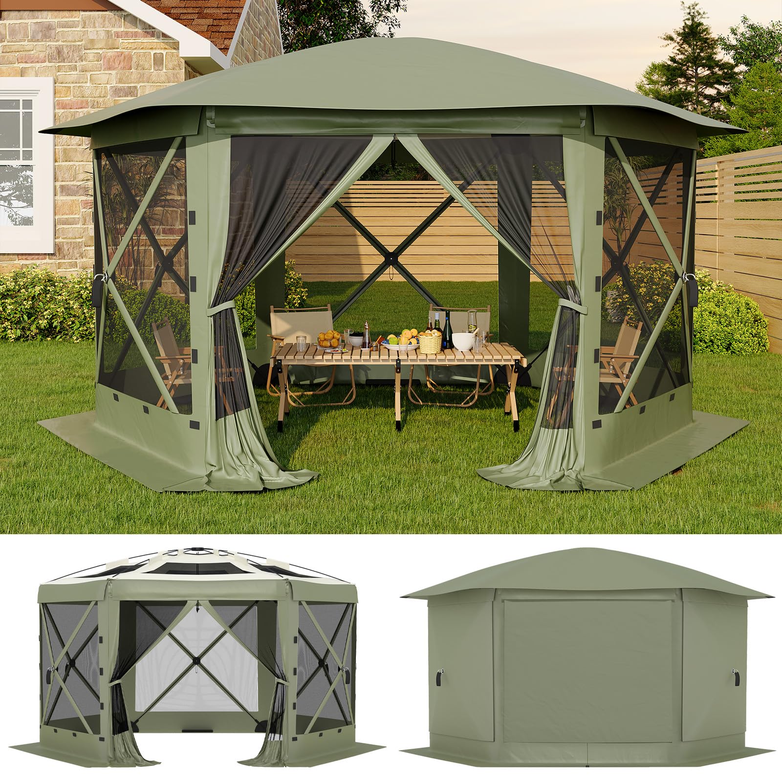 Gazebo Screen Tent 13x13FT 6-Sided Removable Canopy Bite-Proof Mesh
