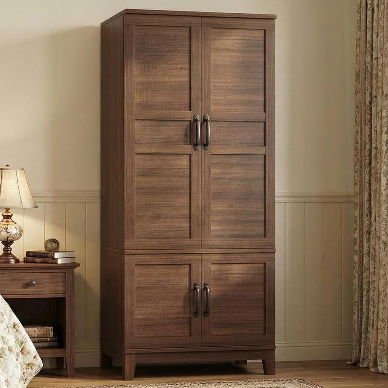 Wooden Wardrobe 72 Inch Freestanding Cabinet 2 Doors 2 Drawers Adjustable Shelve
