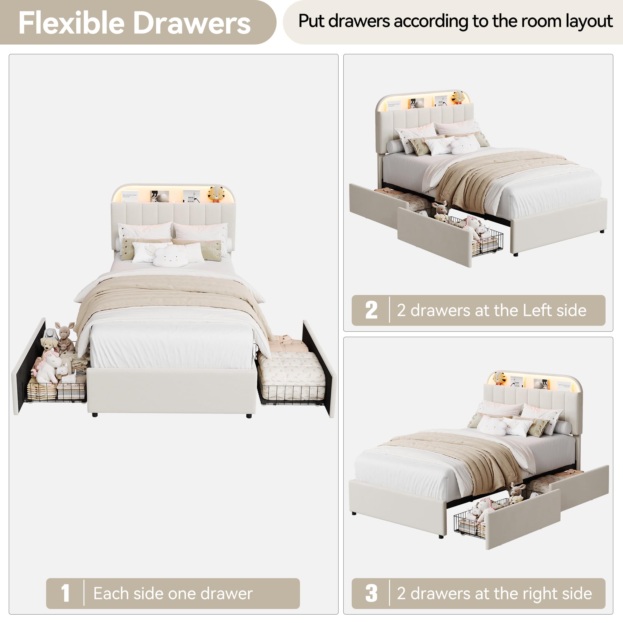 Twin XL/ Twin Kids Velvet Platform Bed Frame w/ 2 Drawers,Storage Headboard