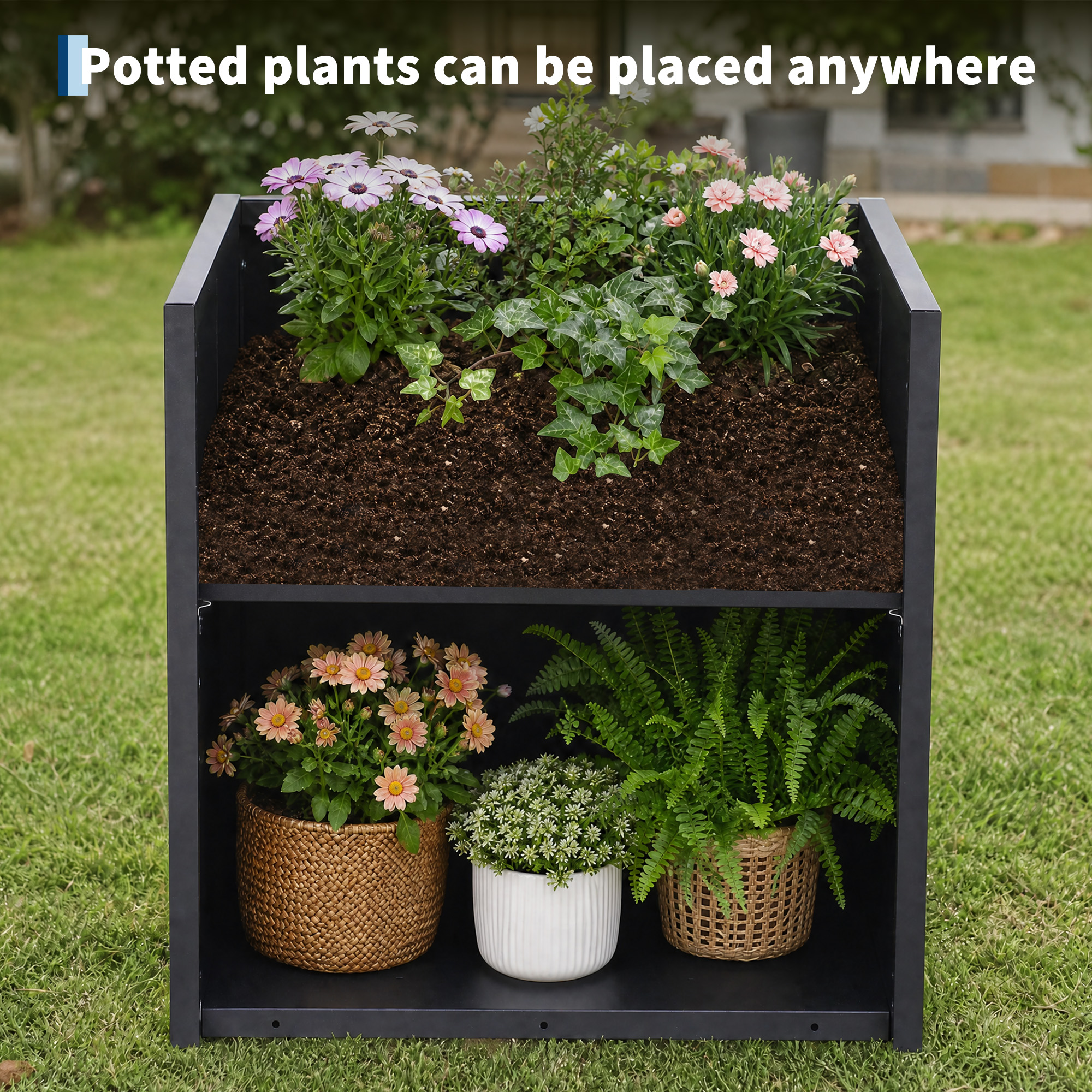 Powder-coated iron cube planter construction