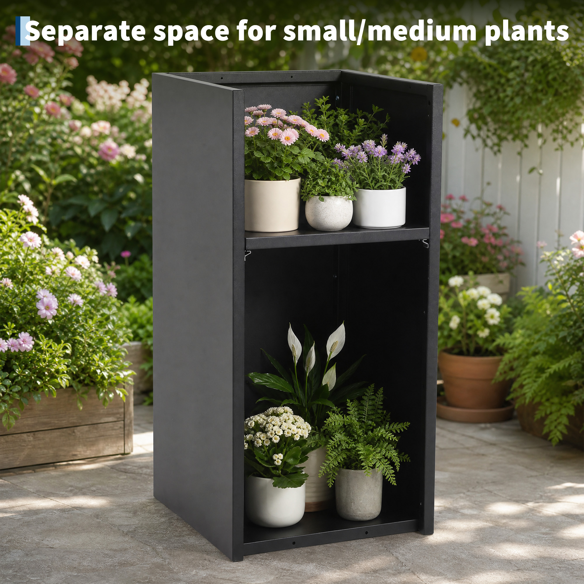 Powder-coated iron planter with durable metal construction