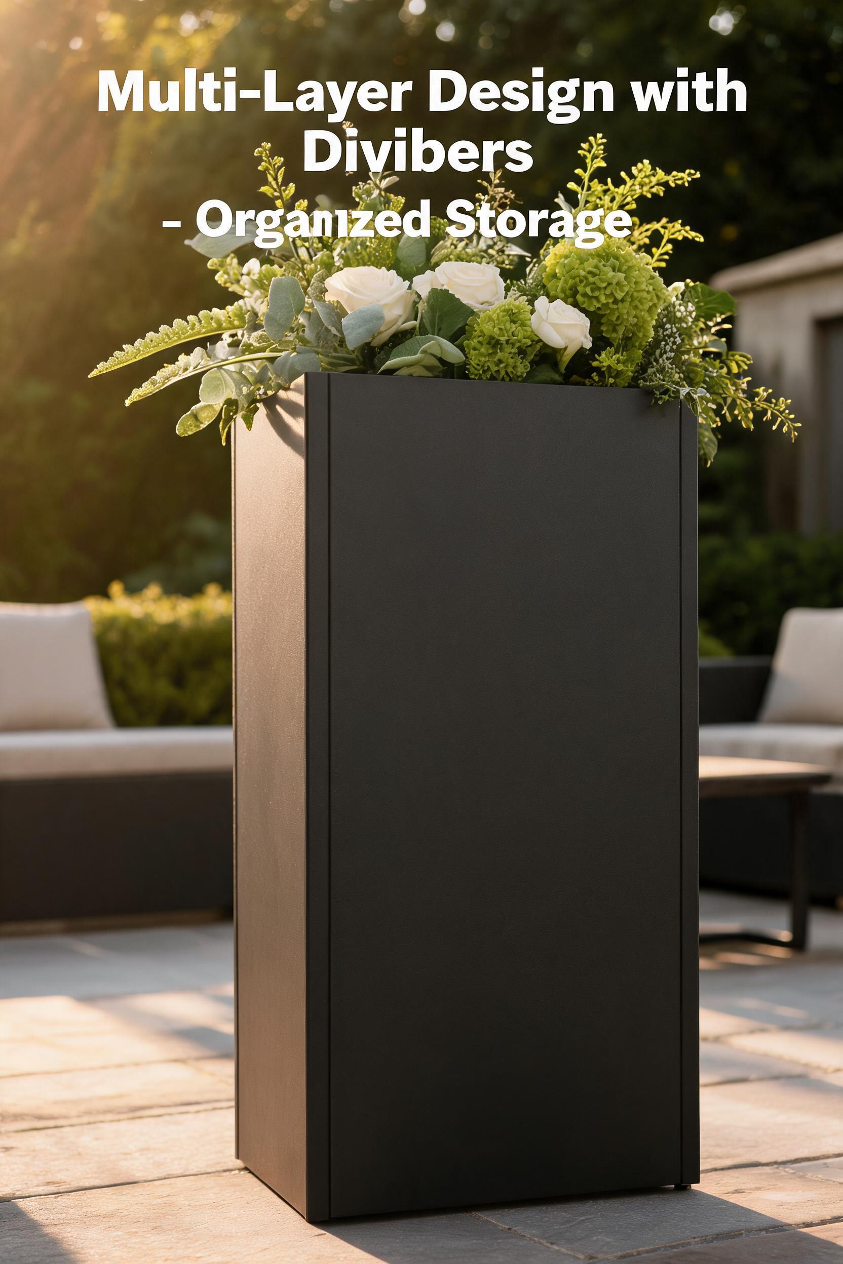 Coordinated pair of tall black metal planters