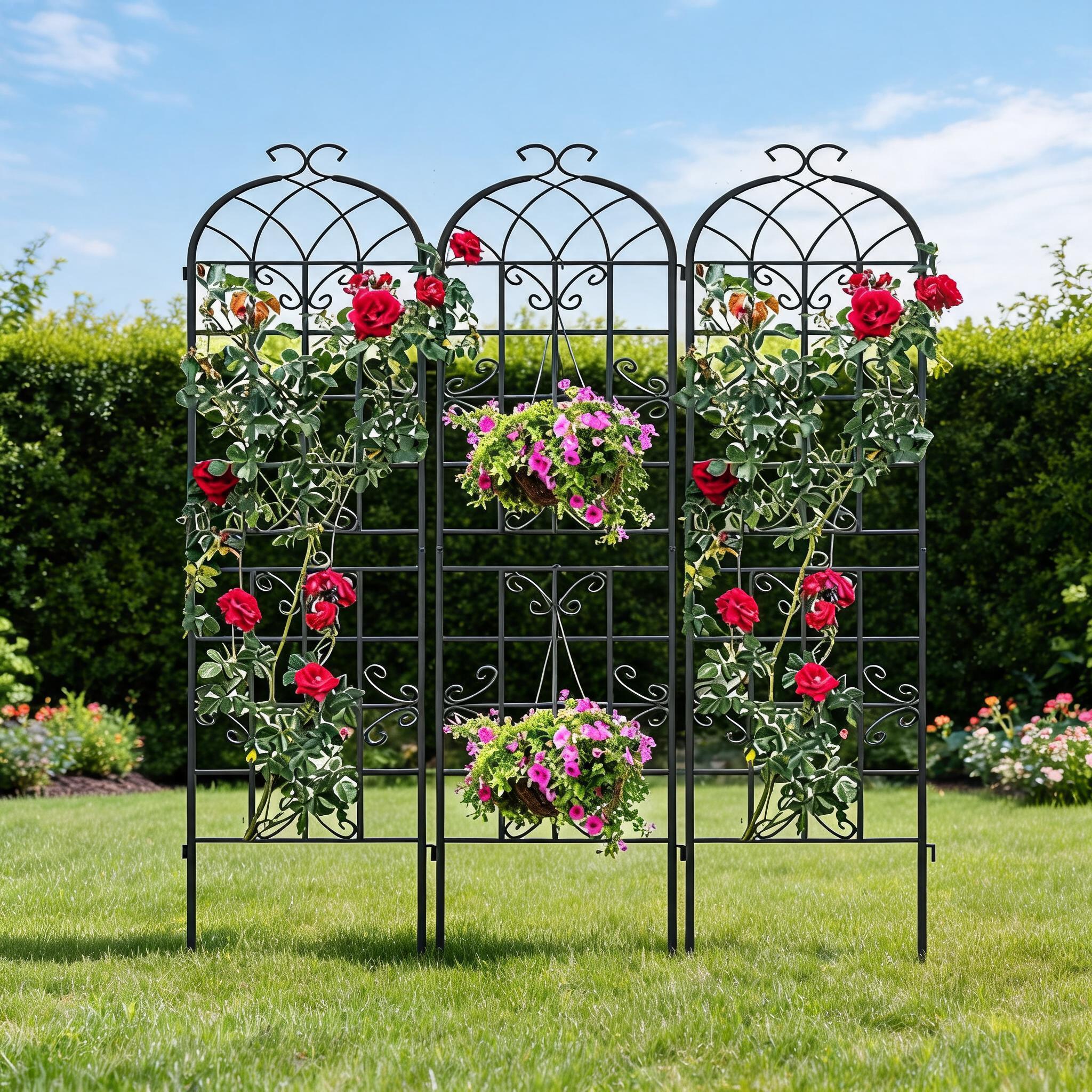 Tall metal trellis supporting climbing garden plants