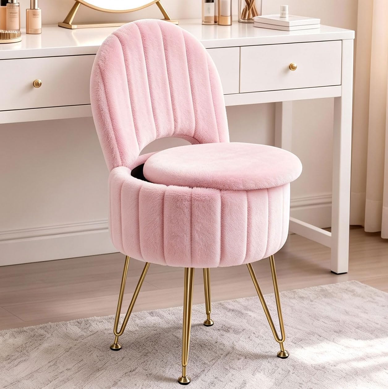 Pouf da trucco in velluto con schienale e vano contenitore