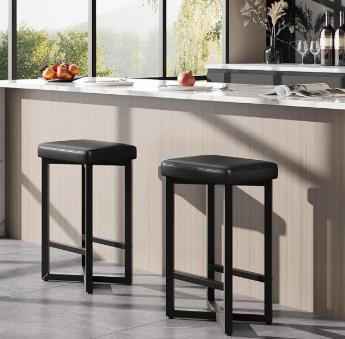 2X Backless Bar Stools Upholstered PU Leather Seat with Metal X-Frame&Footrest