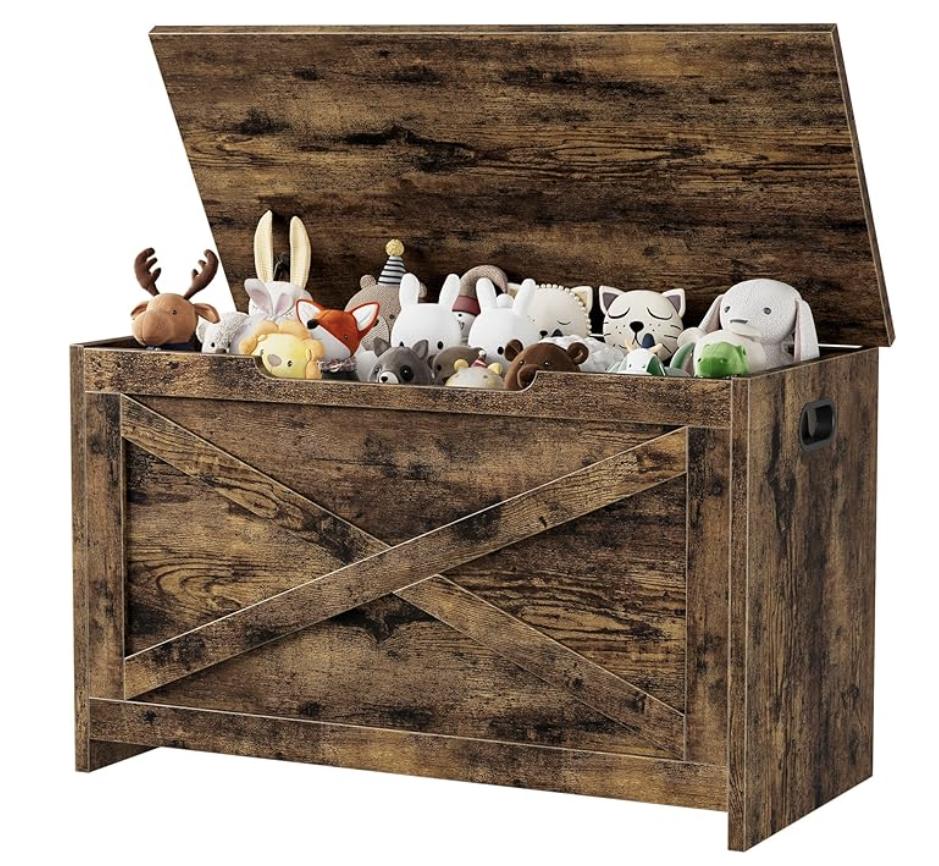 30" Storage Chest Wooden Bench Toy Box with Flip-top Lid & 2