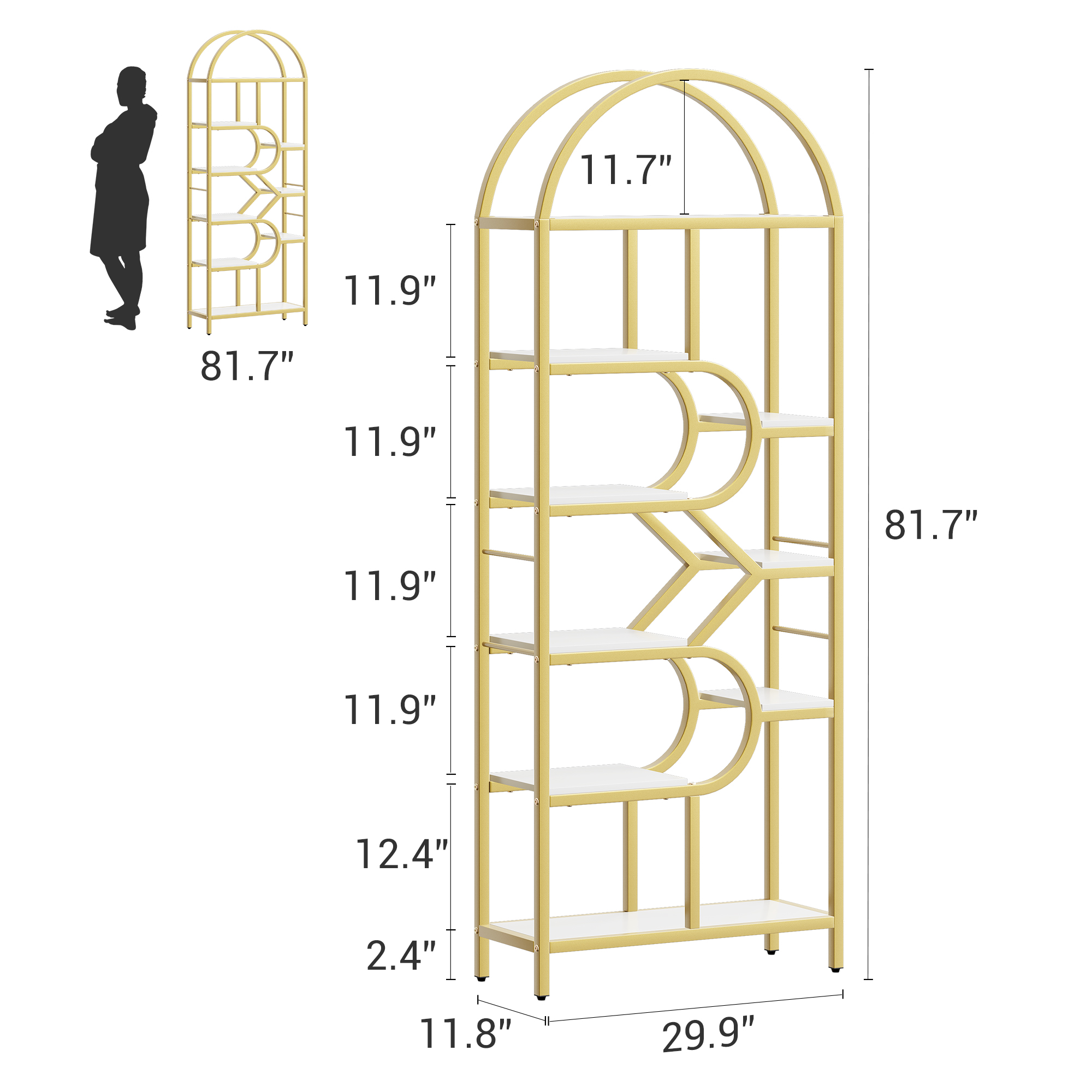 81.7″ Tall Bookcase 6-Tier Arched Bookshelf Open Display Rack Metal Frame
