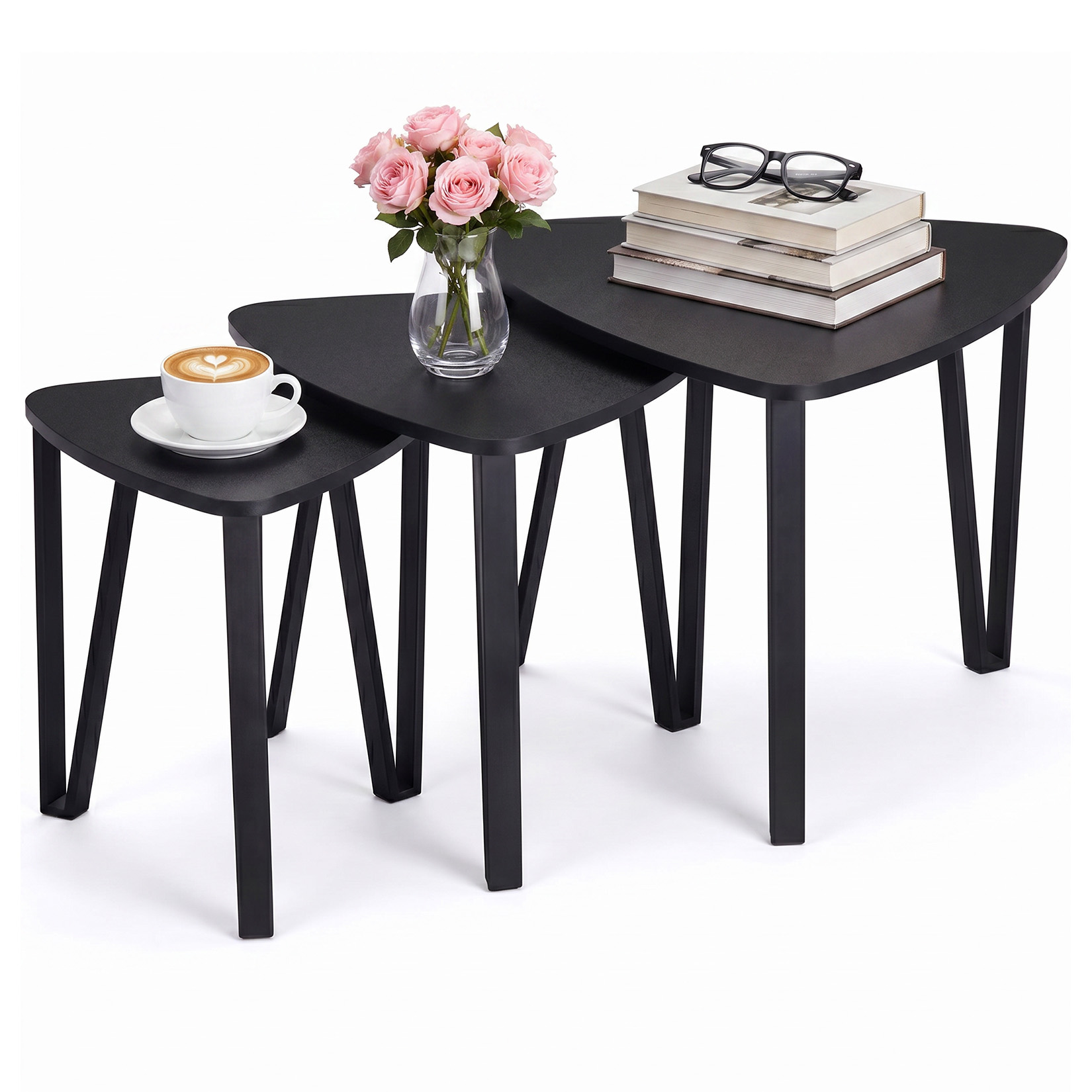 Set of 3 Triangle Nesting Coffee Tables Stackable Tables with Black Metal Frame