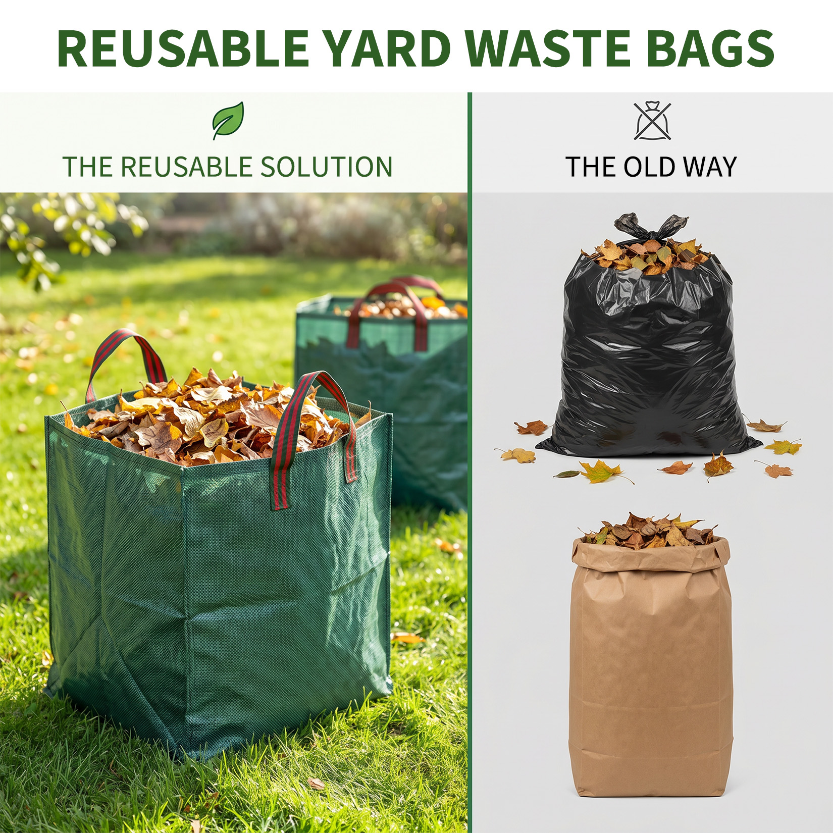 Reinforced handles on reusable garden debris bag