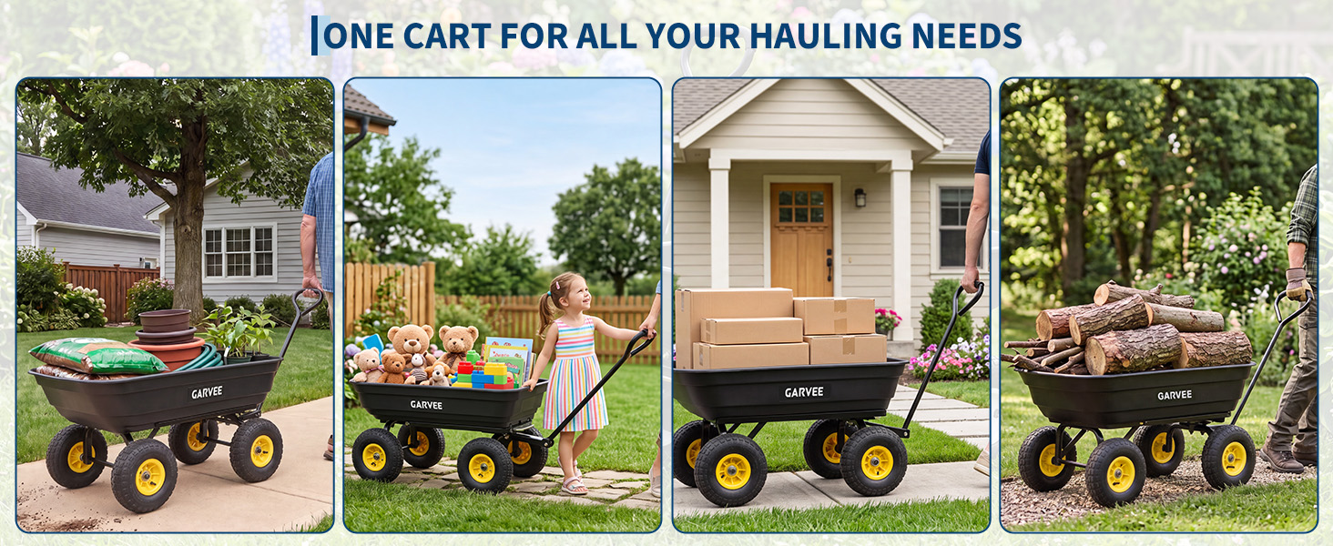 Quick-release 90-degree tilt mechanism unloading garden waste