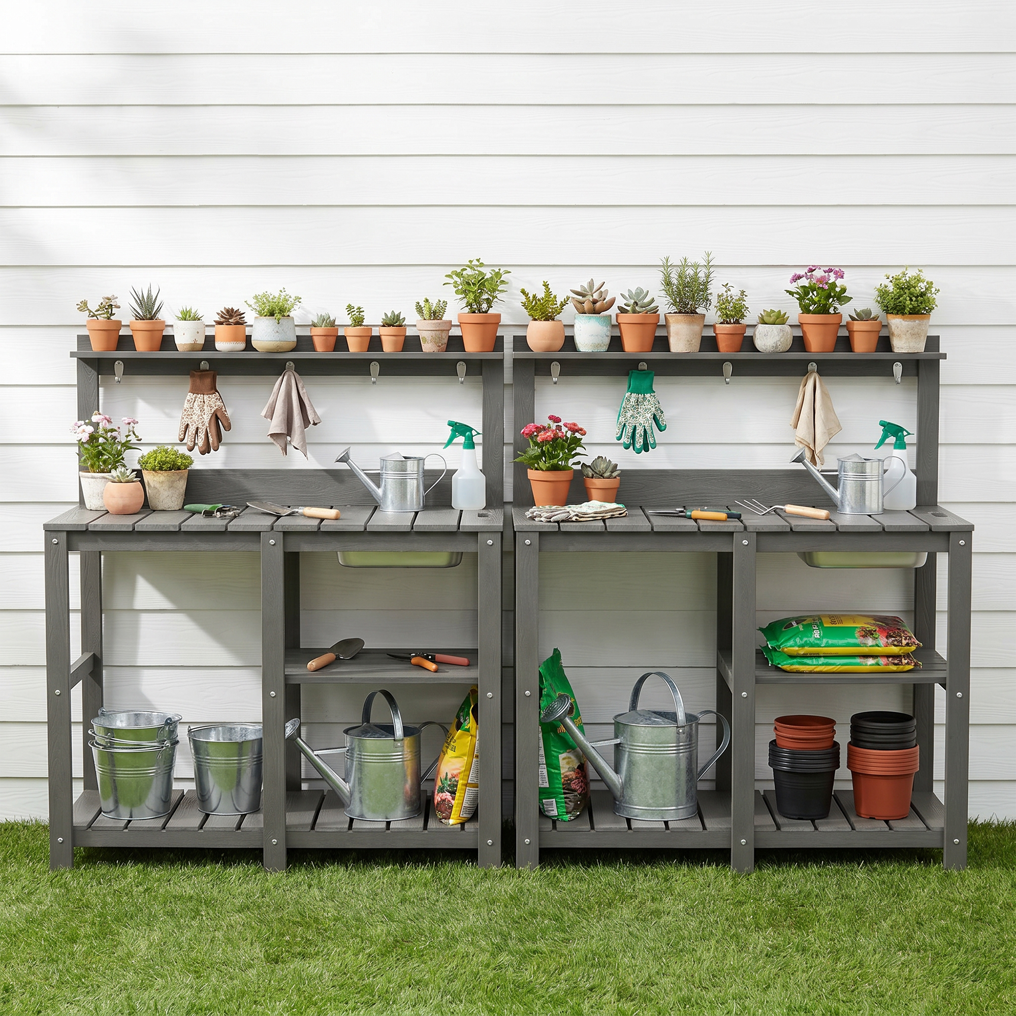 Removable stainless steel basin on Garvee outdoor potting bench