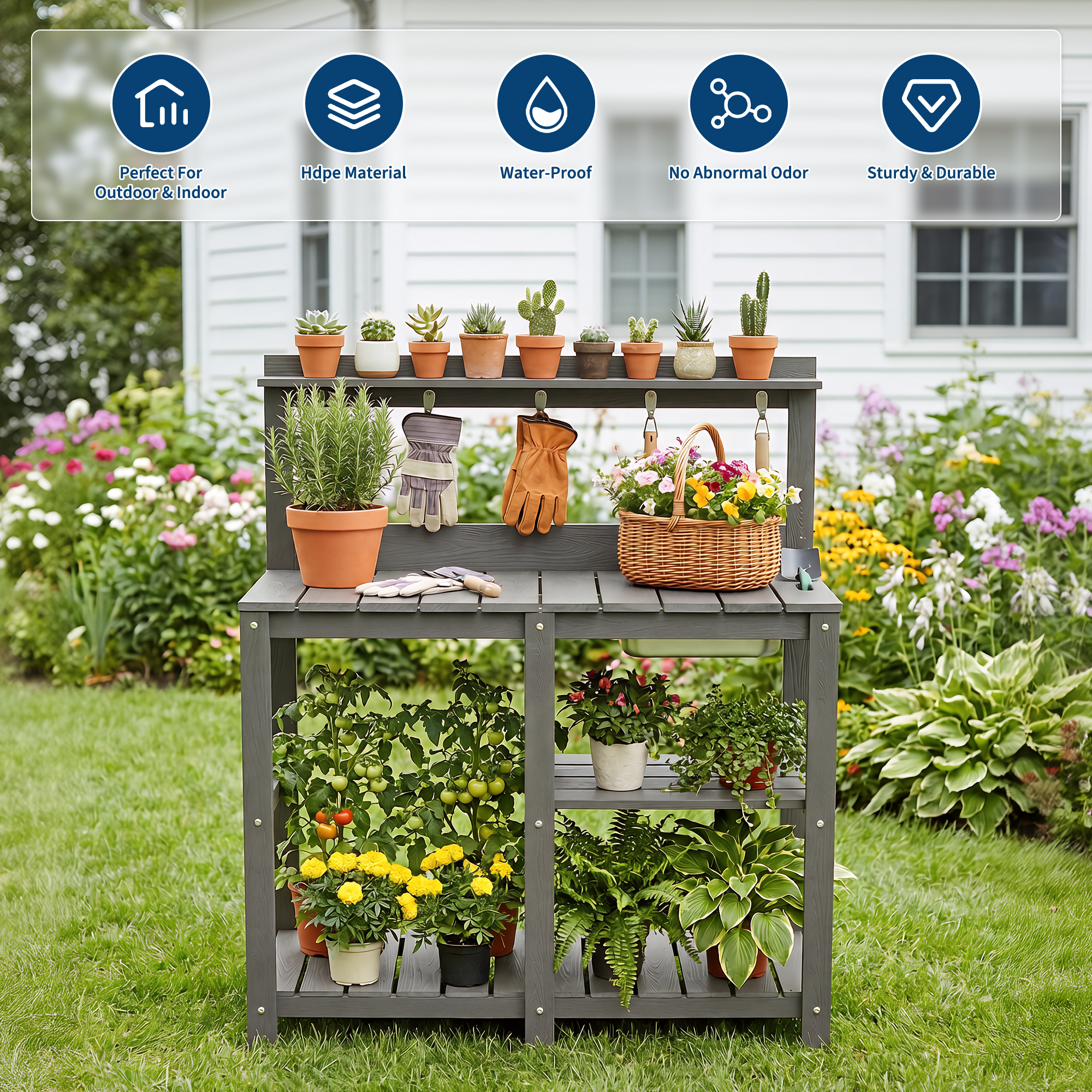 Garvee garden potting bench with expandable sliding worktop