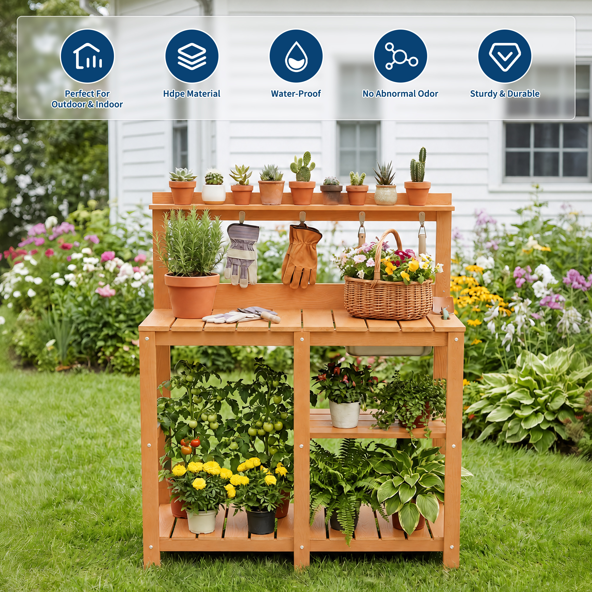 Garvee potting bench with expandable sliding worktop for planting and repotting