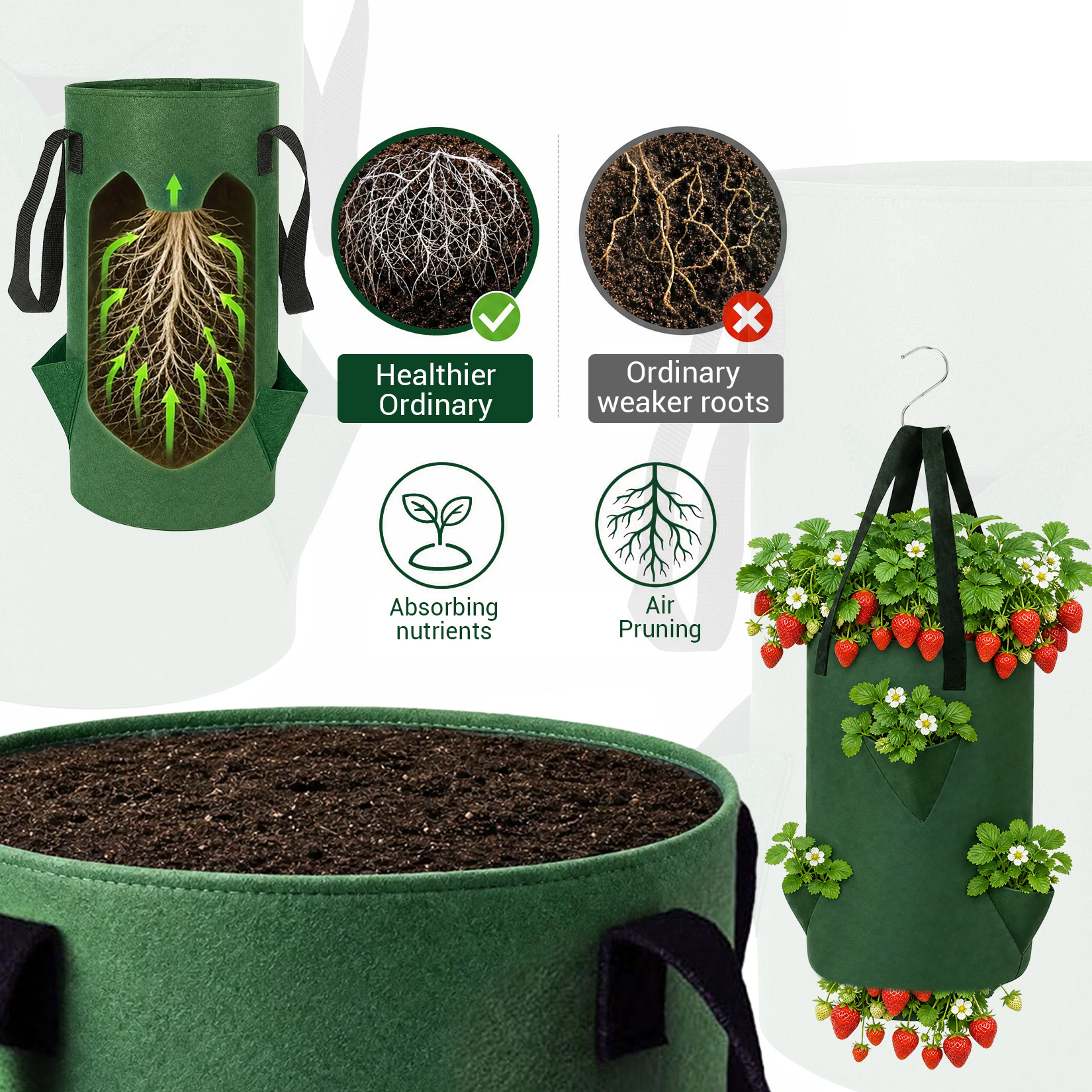 Hanging planter bag with six planting pockets