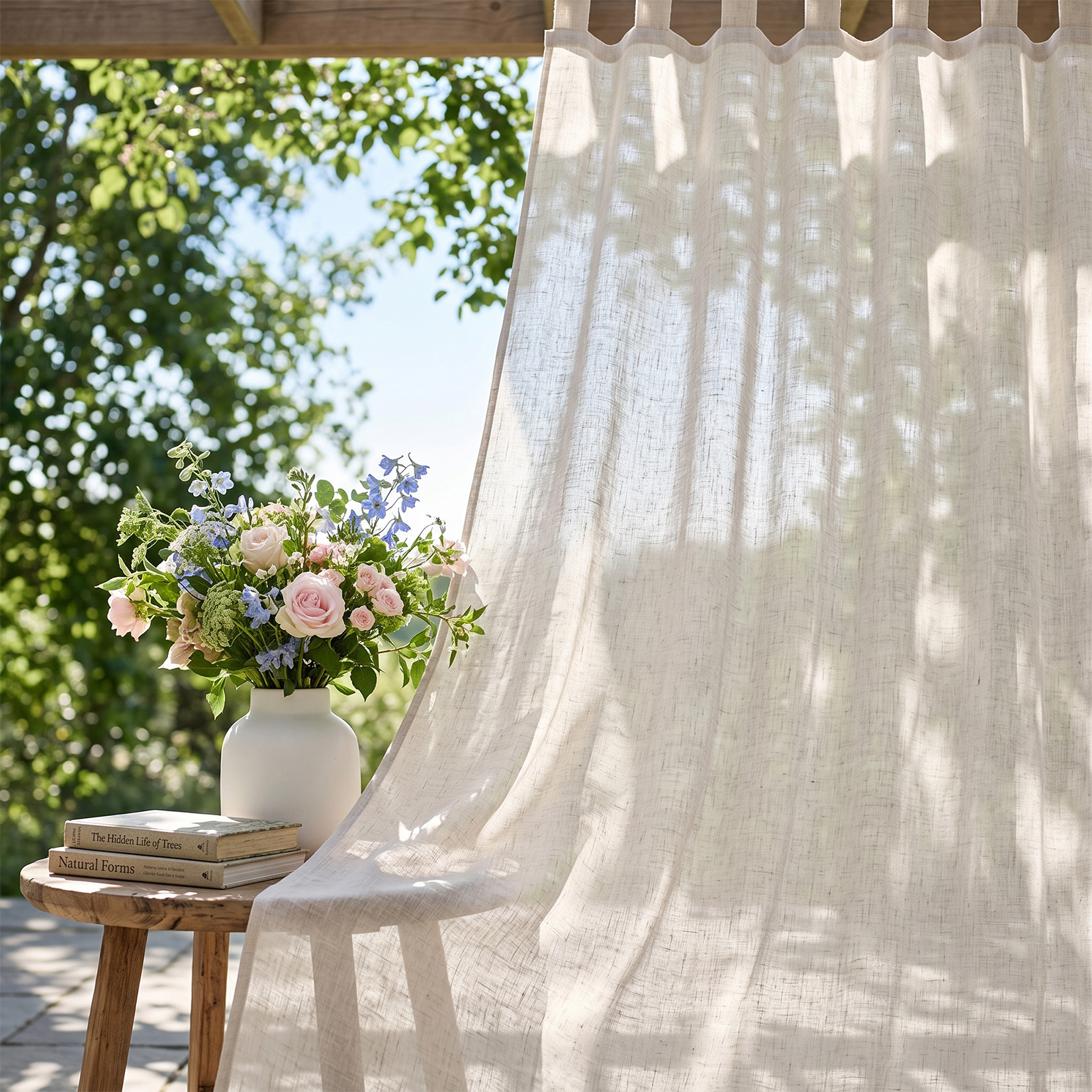 Long outdoor curtain panels for a tall installation