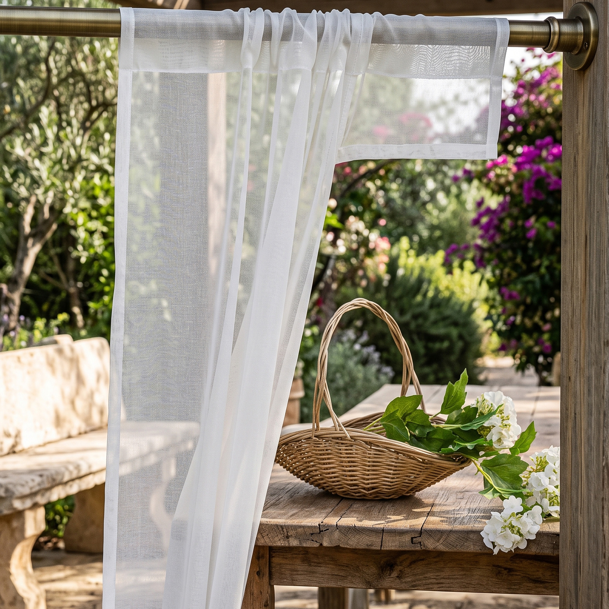 Flowing white sheer curtains creating an airy appearance