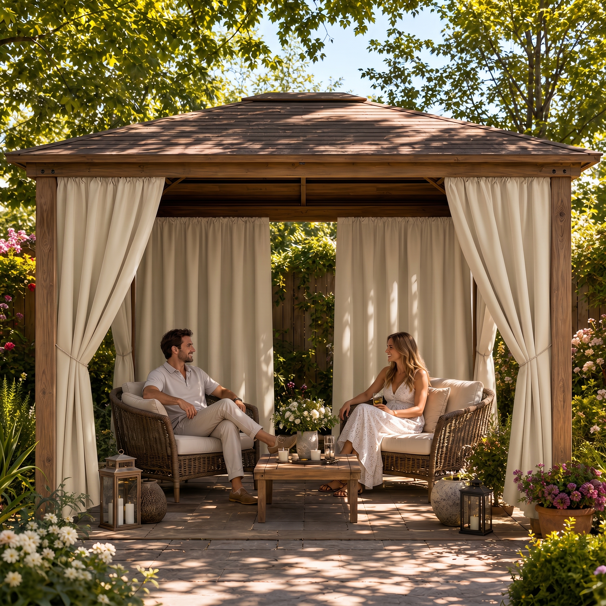 Cream heavy-duty outdoor curtains for patio pergola or gazebo