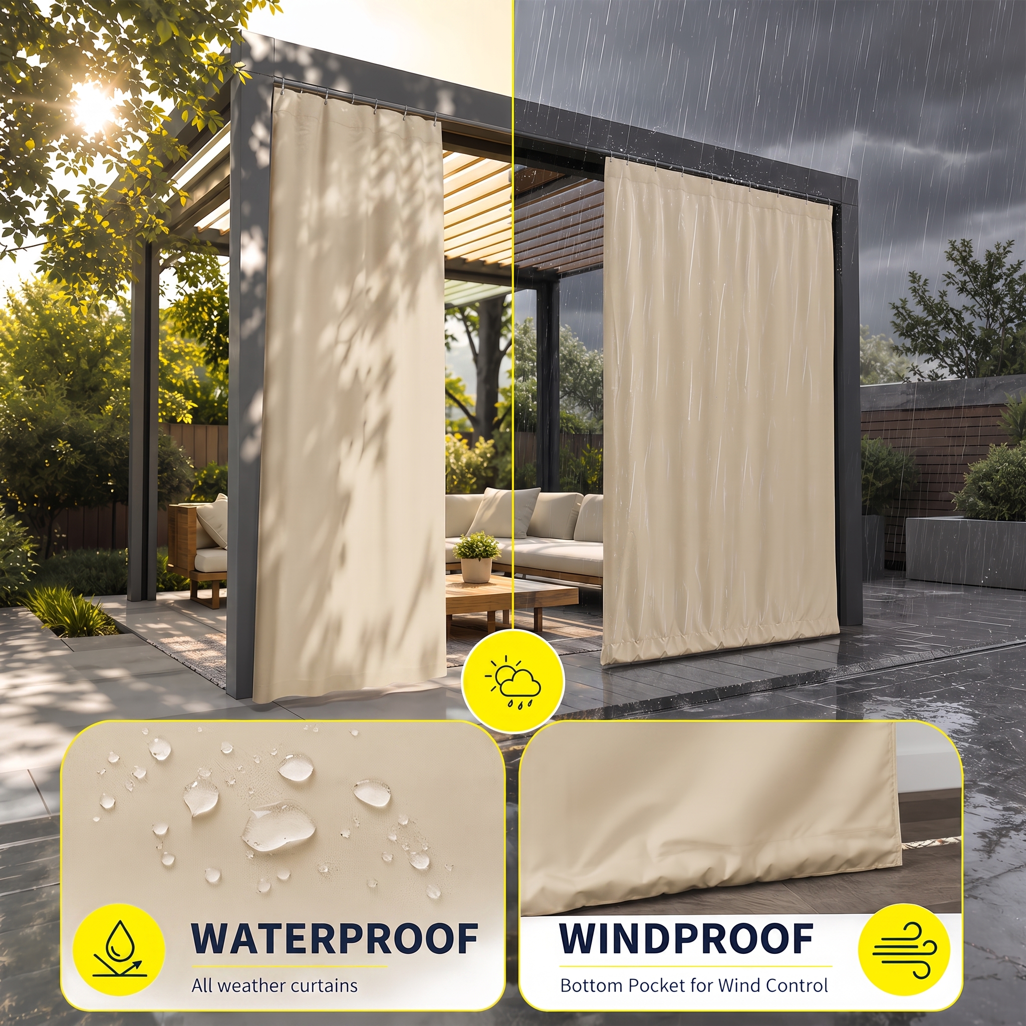 Four outdoor curtain panels providing privacy coverage