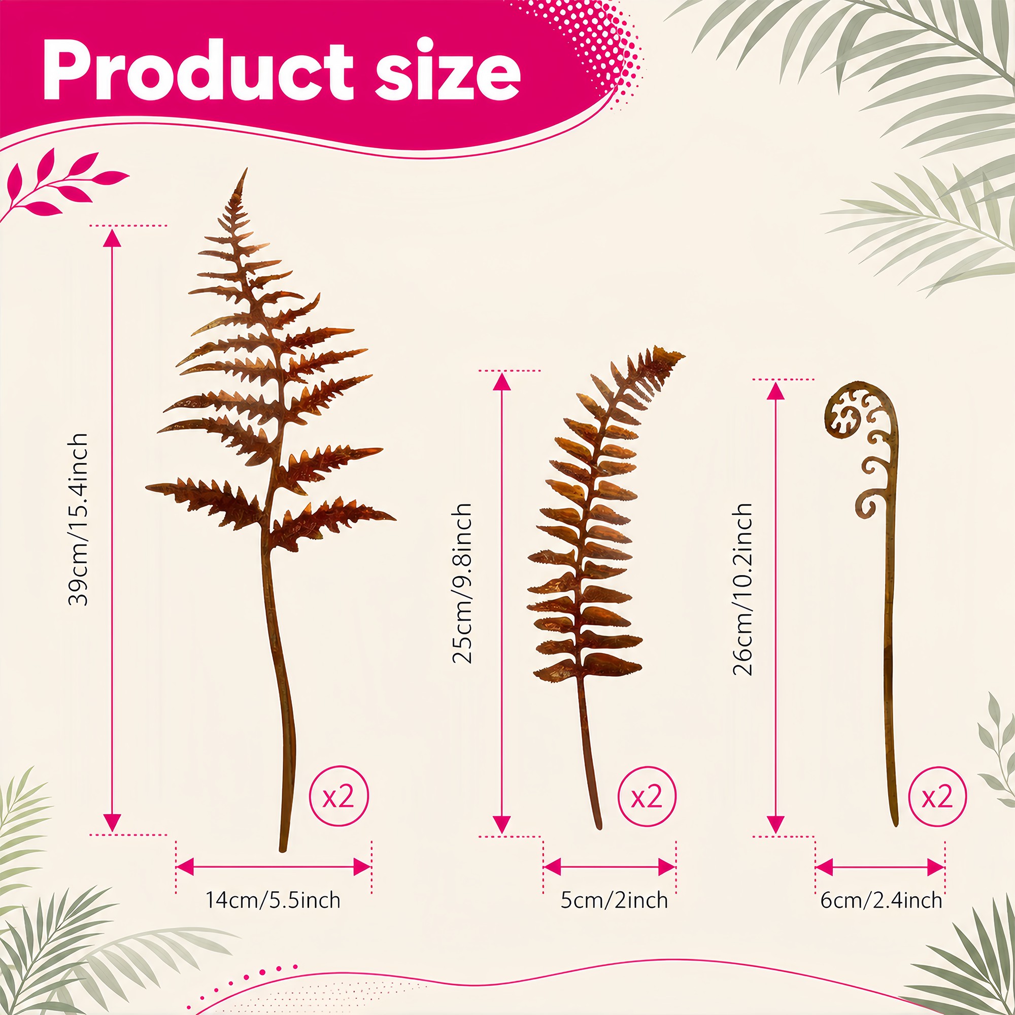 Fern-shaped metal stakes with a weathered brown finish